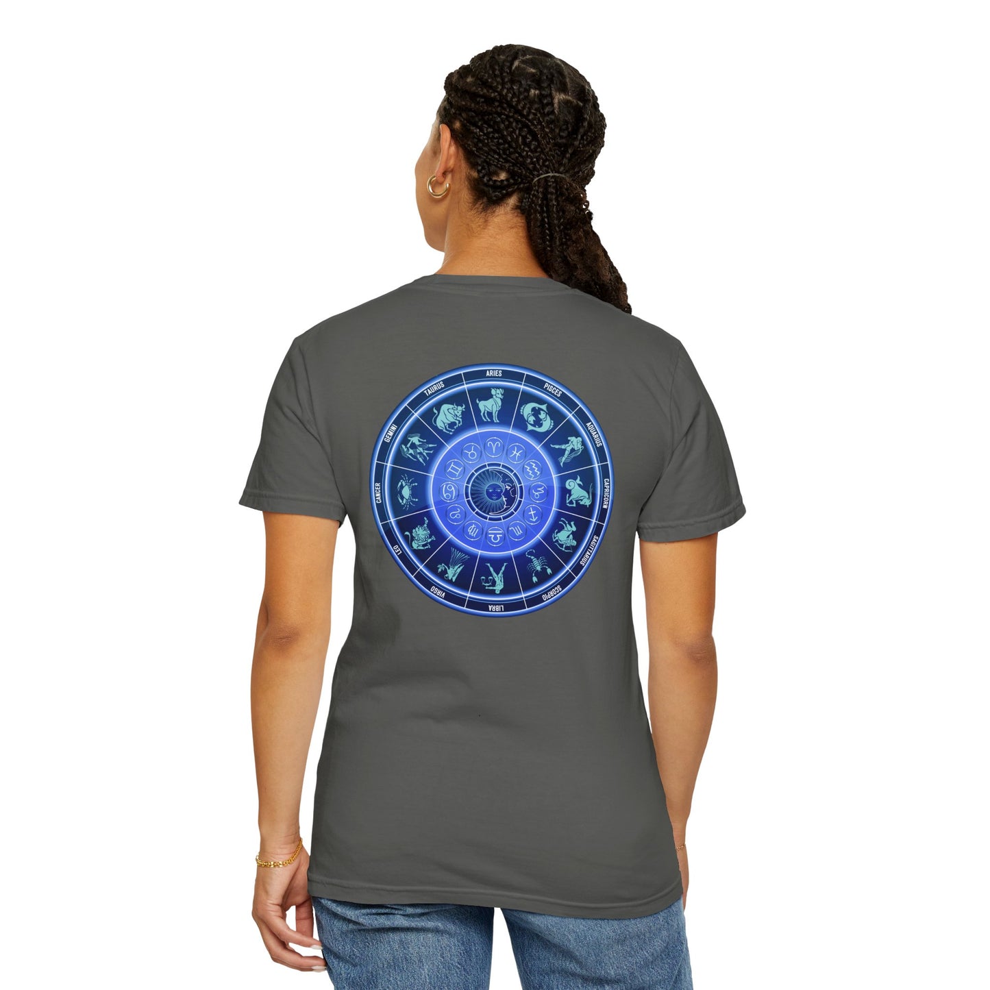 Zodiac Wheel T-Shirt – Blue Astrology Sign Graphic Tee | Celestial Mandala Star Sign Shirt