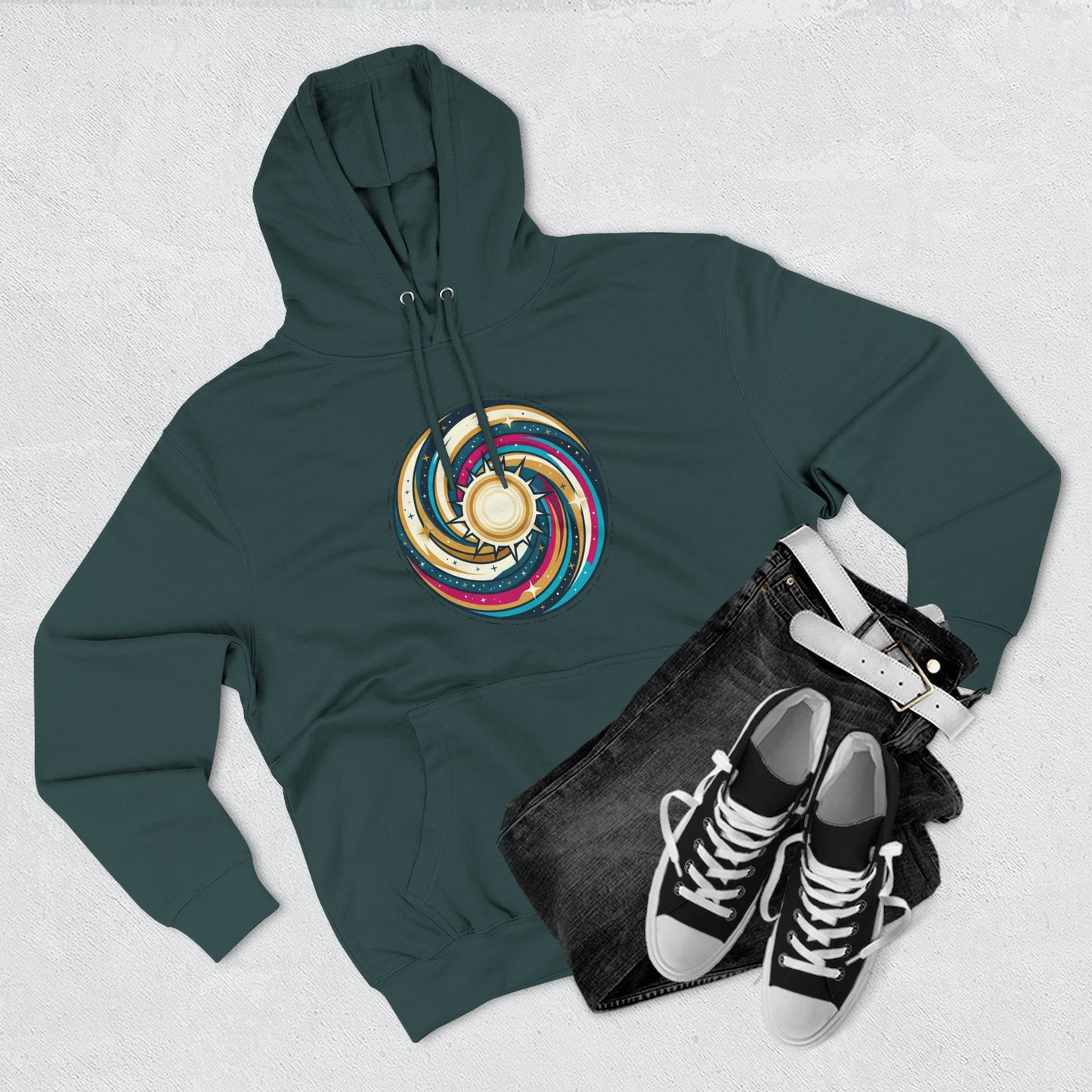 Swirl Sun Hoodie – Cosmic Spiral Sun Graphic Hoodie | Psychedelic Space Aesthetic, Celestial Streetwear, Unisex Hoodie
