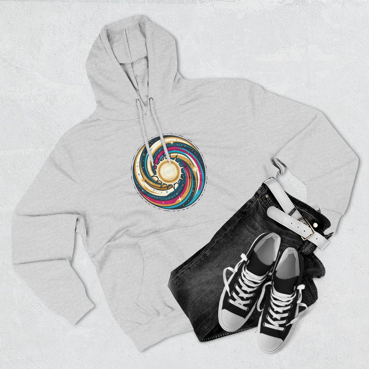 Swirl Sun Hoodie – Cosmic Spiral Sun Graphic Hoodie | Psychedelic Space Aesthetic, Celestial Streetwear, Unisex Hoodie