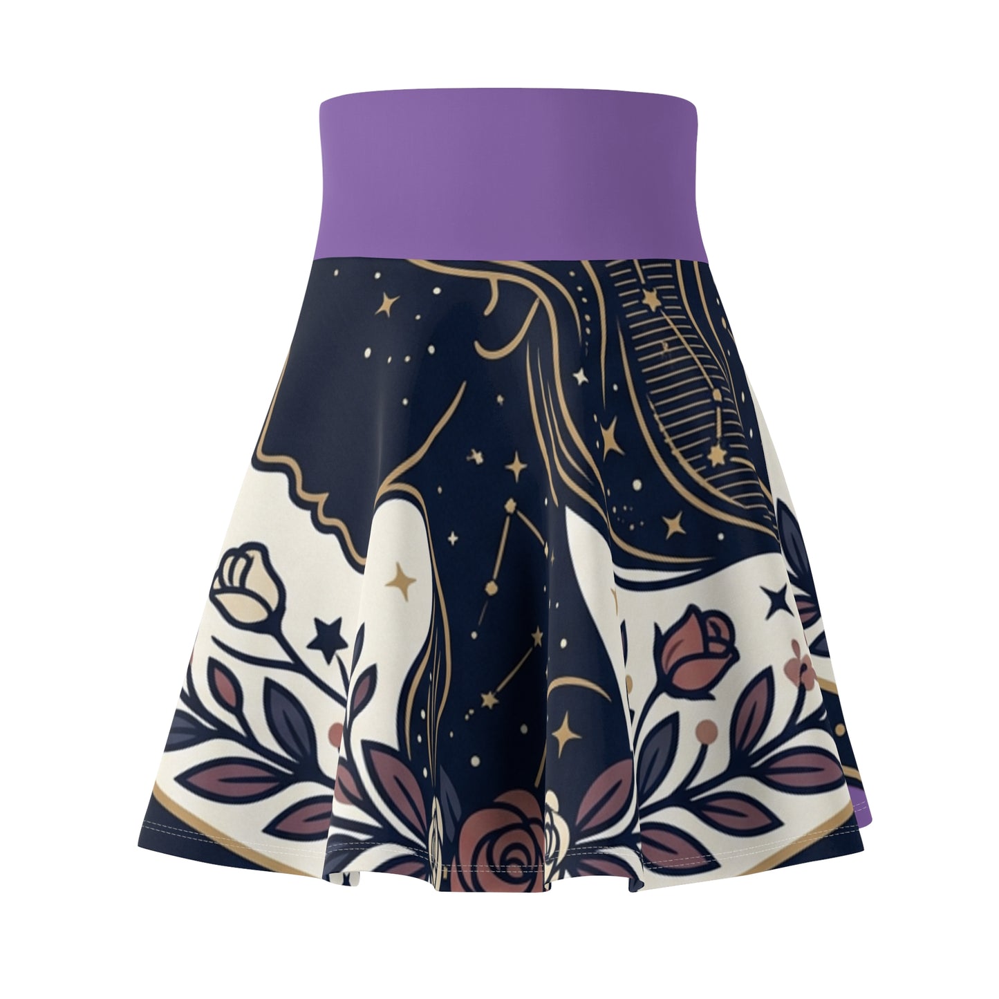 Celestial Moon & Roses Skater Skirt – Astrology Floral Print Skirt | Cosmic Aesthetic, Women’s Flowy Skirt