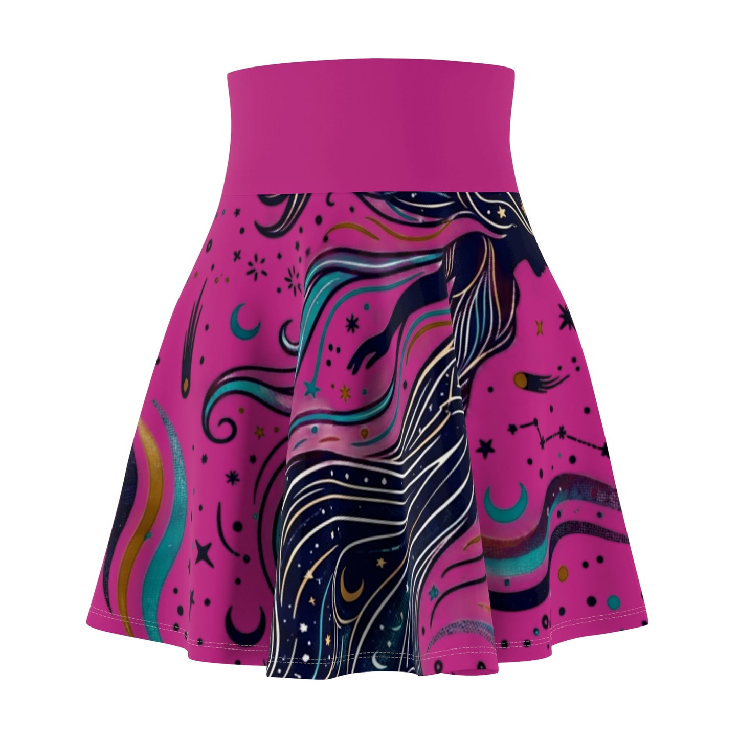 Celestial Waves Skater Skirt – Blue Moon & Star Print Aesthetic Skirt | Women’s Flowy Cosmic Skirt