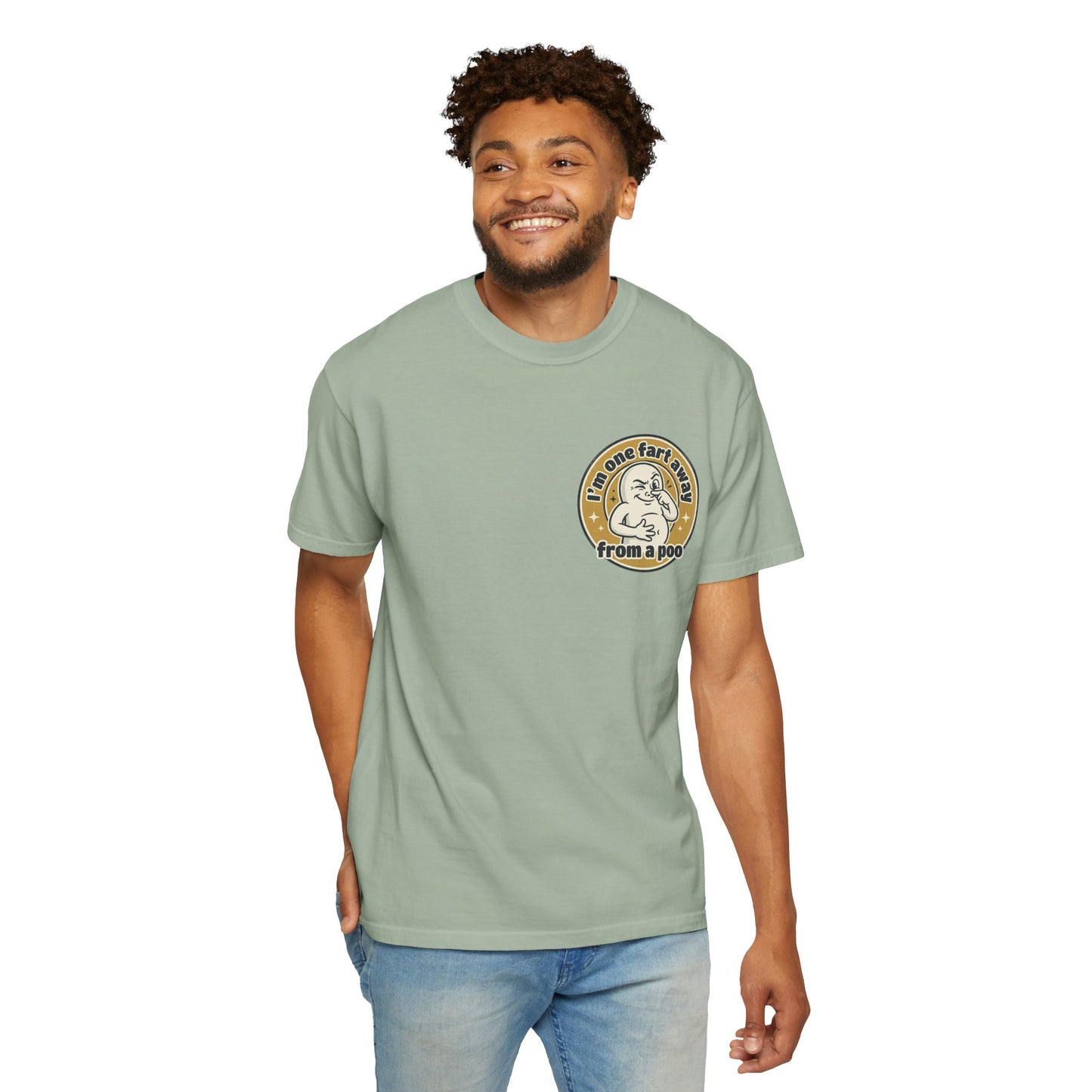 Funny Graphic T-Shirt – “I’m One Fart Away From a Poo” Retro Badge Tee | Sarcastic Humor Shirt