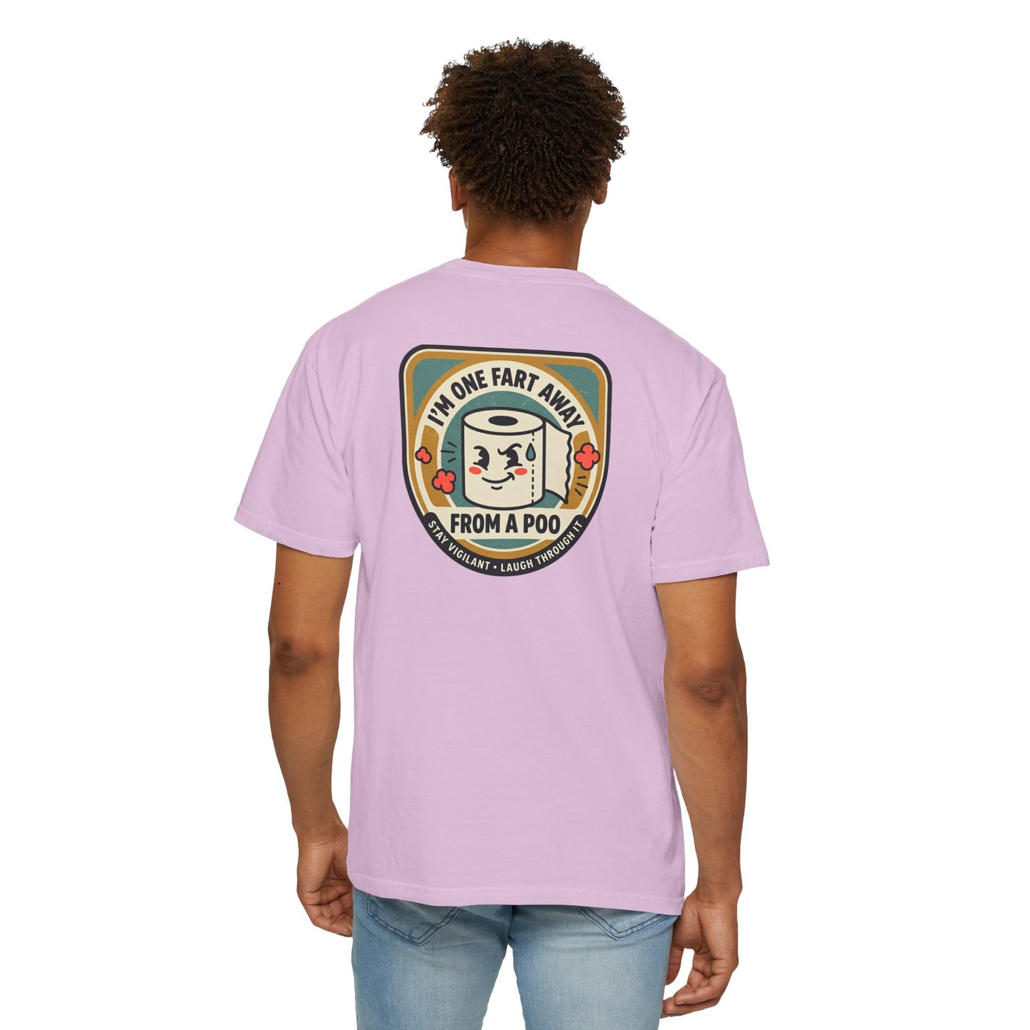 Funny Toilet Paper T-Shirt – “I’m One Fart Away From a Poo” Retro Badge Tee | Novelty Humor Shirt