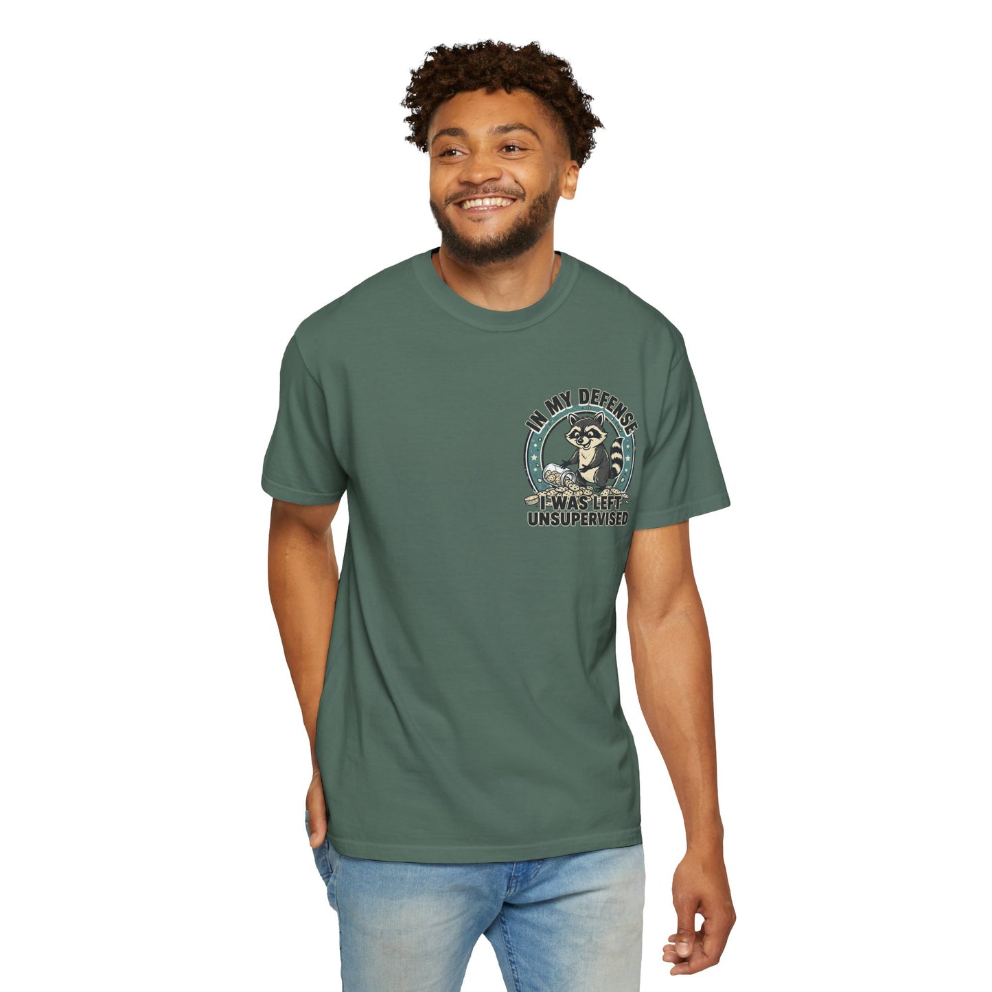 Funny Raccoon T-Shirt – “In My Defense I Was Left Unsupervised” Graphic Tee | Cute Chaos Humor Shirt