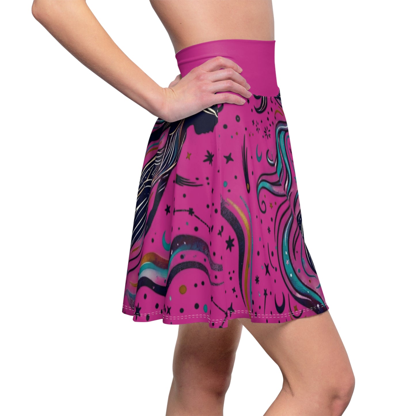 Celestial Waves Skater Skirt – Blue Moon & Star Print Aesthetic Skirt | Women’s Flowy Cosmic Skirt