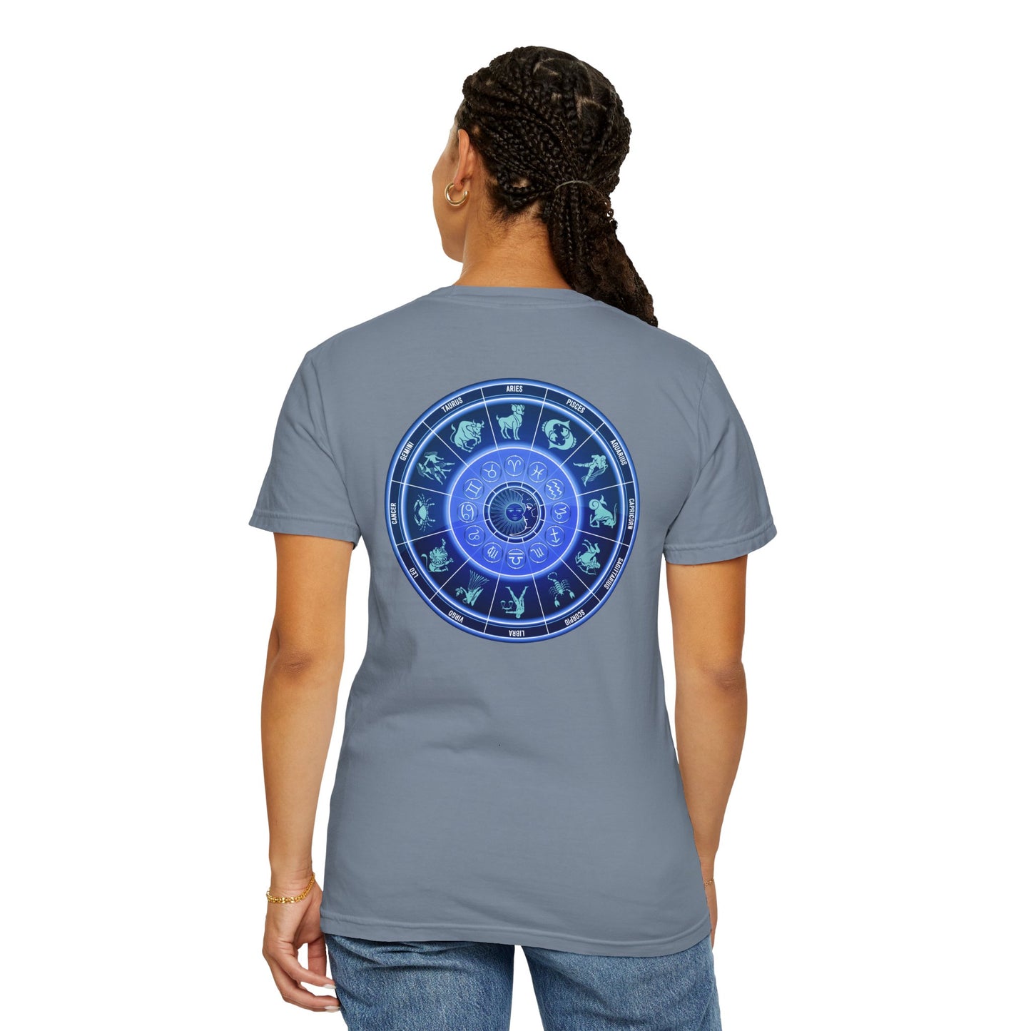 Zodiac Wheel T-Shirt – Blue Astrology Sign Graphic Tee | Celestial Mandala Star Sign Shirt