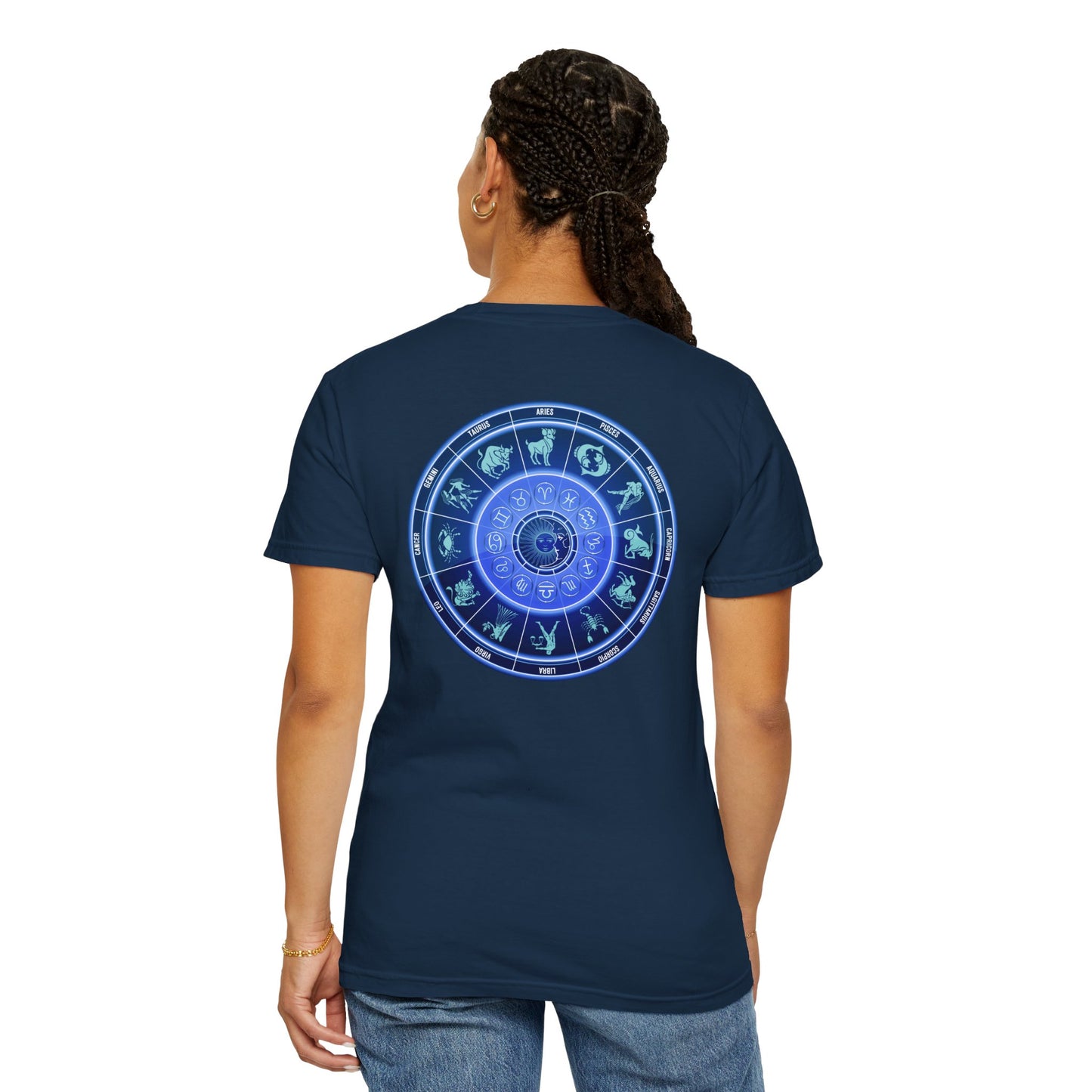 Zodiac Wheel T-Shirt – Blue Astrology Sign Graphic Tee | Celestial Mandala Star Sign Shirt