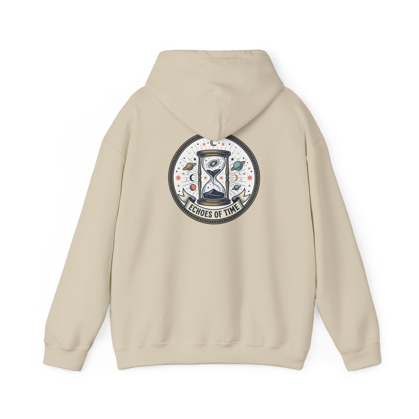 Hourglass Echoes Hoodie – “Echoes of Time” Vintage Celestial Graphic Sweatshirt | Minimal Cosmic Streetwear