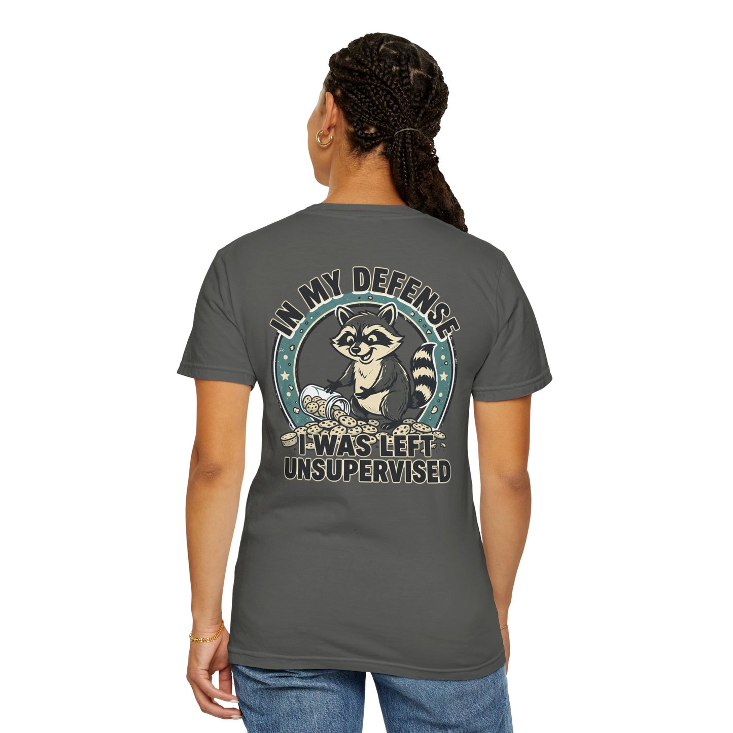 Funny Raccoon T-Shirt – “In My Defense I Was Left Unsupervised” Graphic Tee | Cute Chaos Humor Shirt