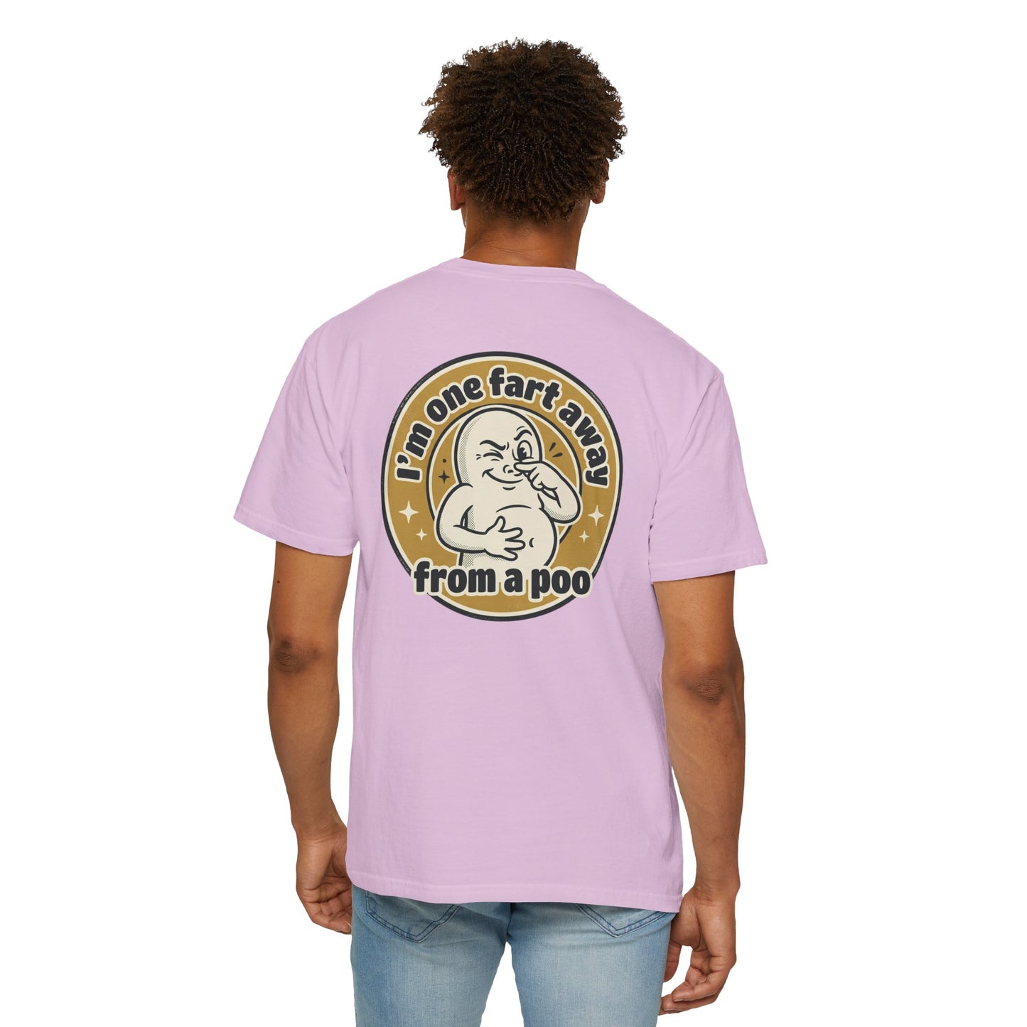 Funny Graphic T-Shirt – “I’m One Fart Away From a Poo” Retro Badge Tee | Sarcastic Humor Shirt