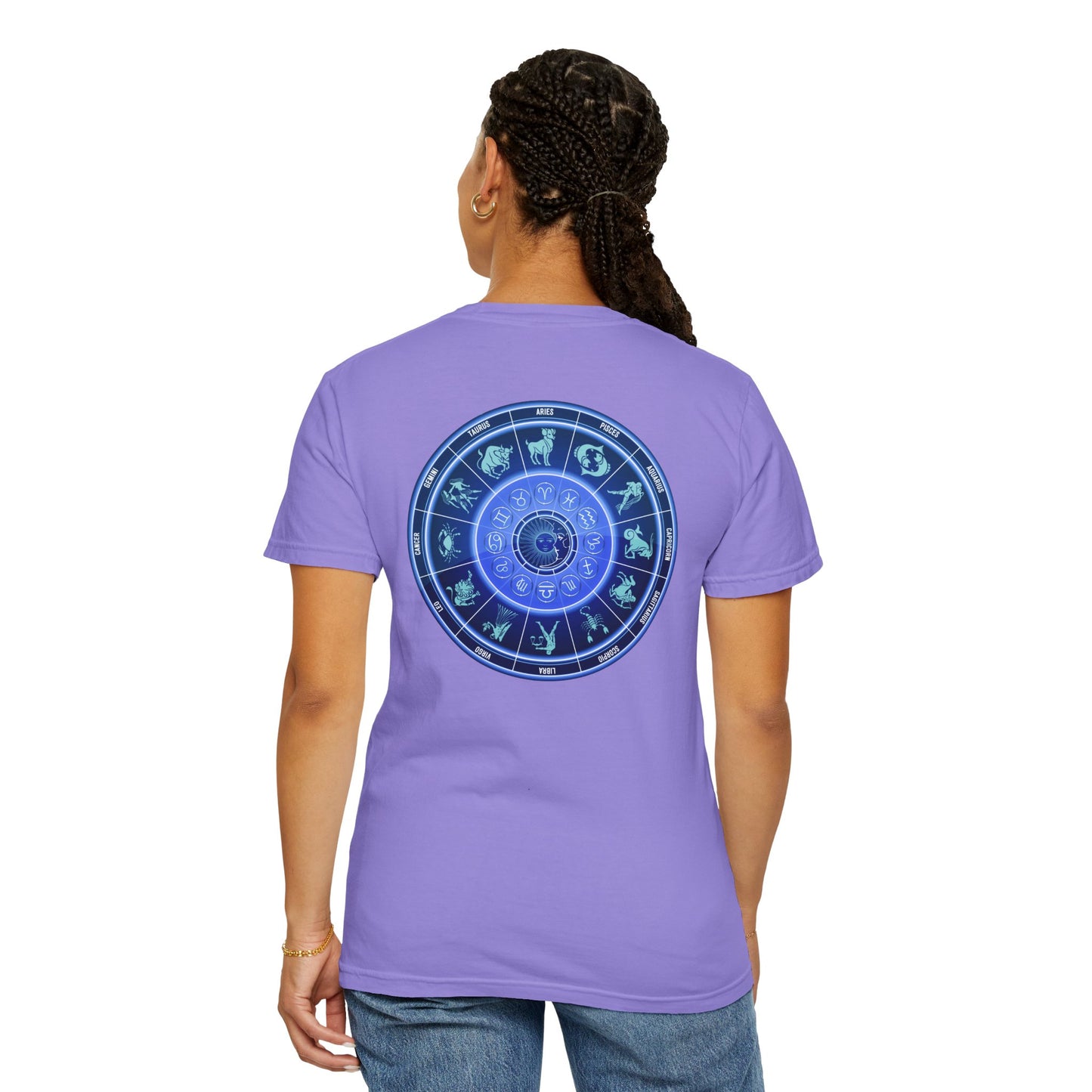 Zodiac Wheel T-Shirt – Blue Astrology Sign Graphic Tee | Celestial Mandala Star Sign Shirt