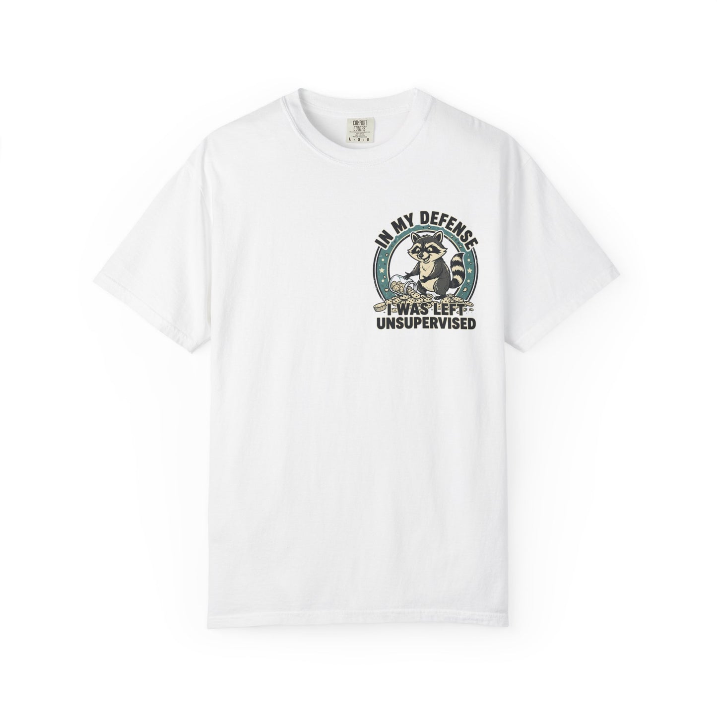 Funny Raccoon T-Shirt – “In My Defense I Was Left Unsupervised” Graphic Tee | Cute Chaos Humor Shirt
