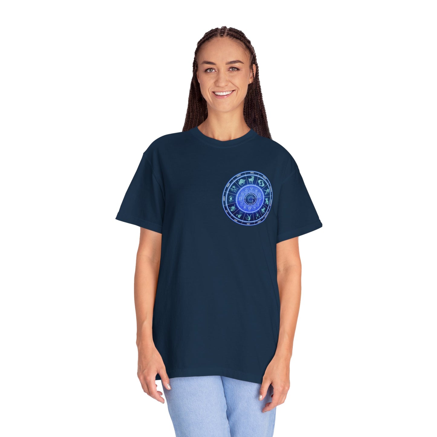 Zodiac Wheel T-Shirt – Blue Astrology Sign Graphic Tee | Celestial Mandala Star Sign Shirt