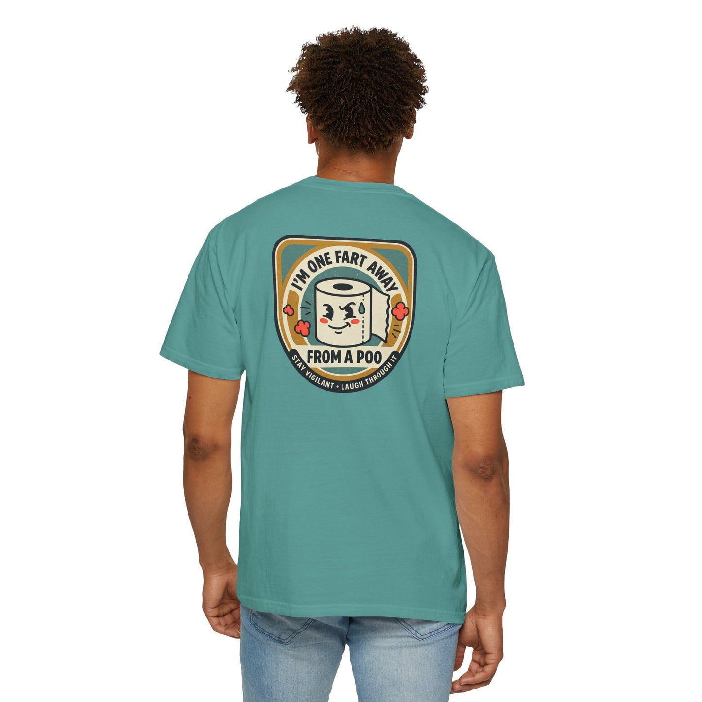 Funny Toilet Paper T-Shirt – “I’m One Fart Away From a Poo” Retro Badge Tee | Novelty Humor Shirt