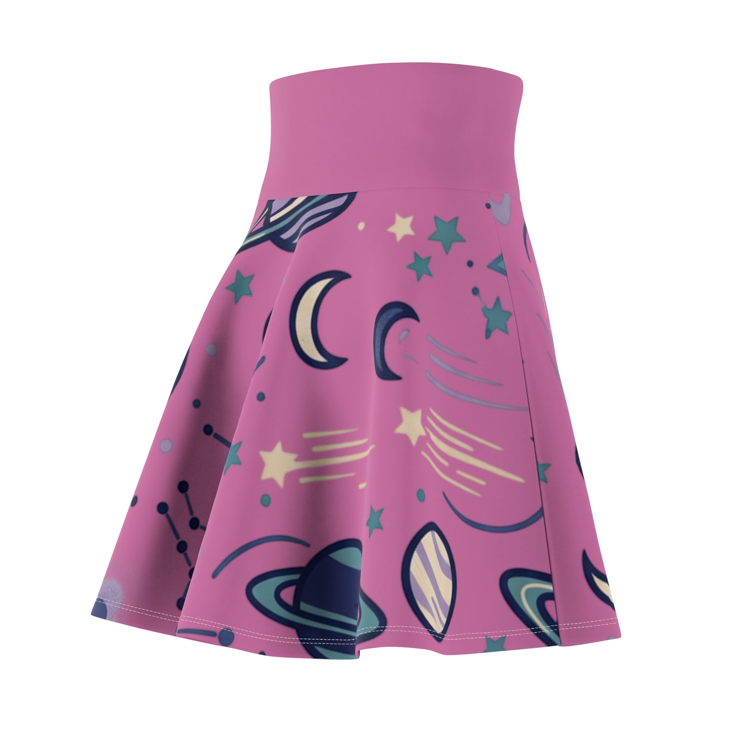 Celestial Skater Skirt – Pink Planet & Moon Print Aesthetic Skirt | Women’s Flowy Cosmic Skirt