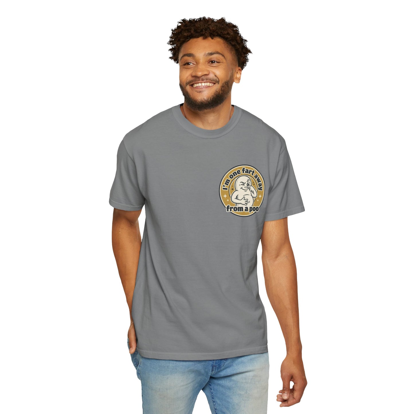 Funny Graphic T-Shirt – “I’m One Fart Away From a Poo” Retro Badge Tee | Sarcastic Humor Shirt