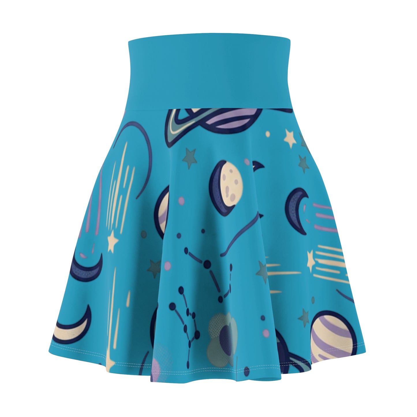 Celestial Skater Skirt – Blue Planet & Moon Print Aesthetic Skirt | Women’s Flowy Cosmic Skirt