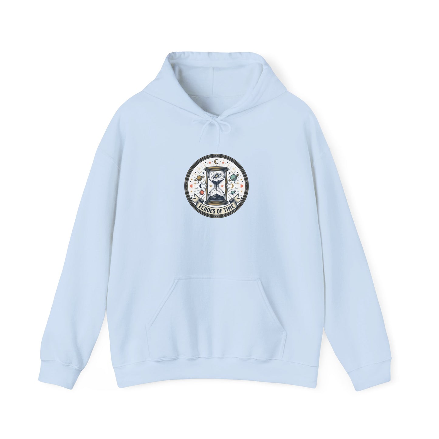 Hourglass Echoes Hoodie – “Echoes of Time” Vintage Celestial Graphic Sweatshirt | Minimal Cosmic Streetwear