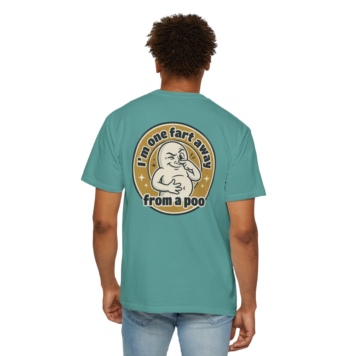 Funny Graphic T-Shirt – “I’m One Fart Away From a Poo” Retro Badge Tee | Sarcastic Humor Shirt
