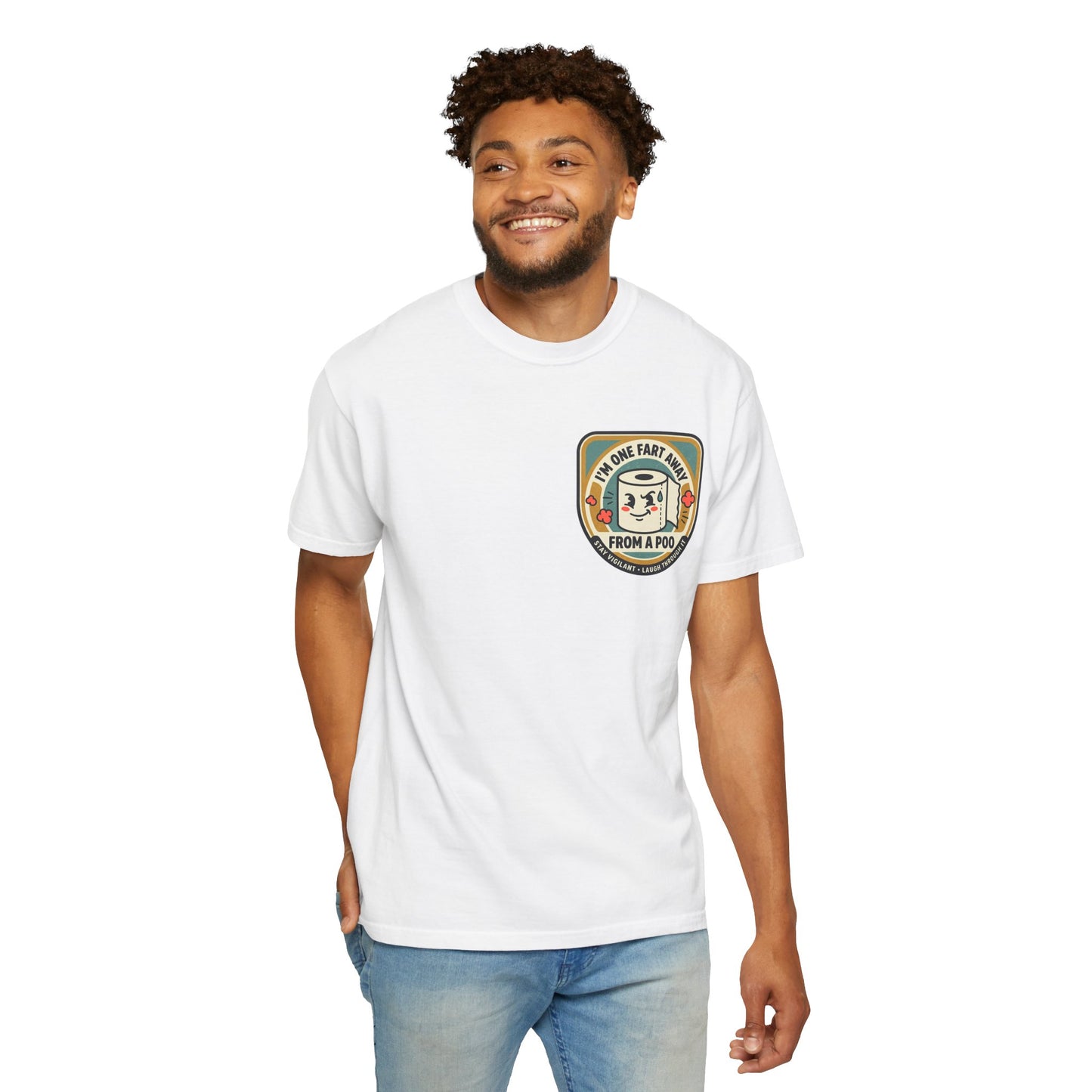 Funny Toilet Paper T-Shirt – “I’m One Fart Away From a Poo” Retro Badge Tee | Novelty Humor Shirt