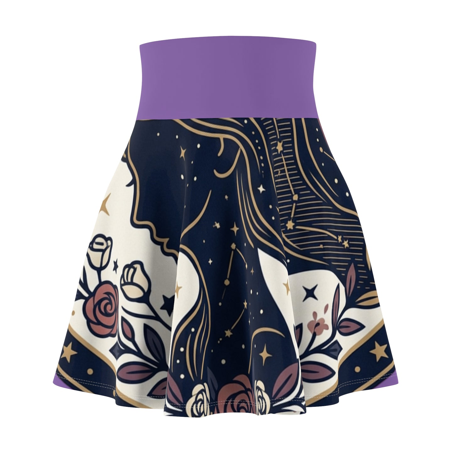 Celestial Moon & Roses Skater Skirt – Astrology Floral Print Skirt | Cosmic Aesthetic, Women’s Flowy Skirt