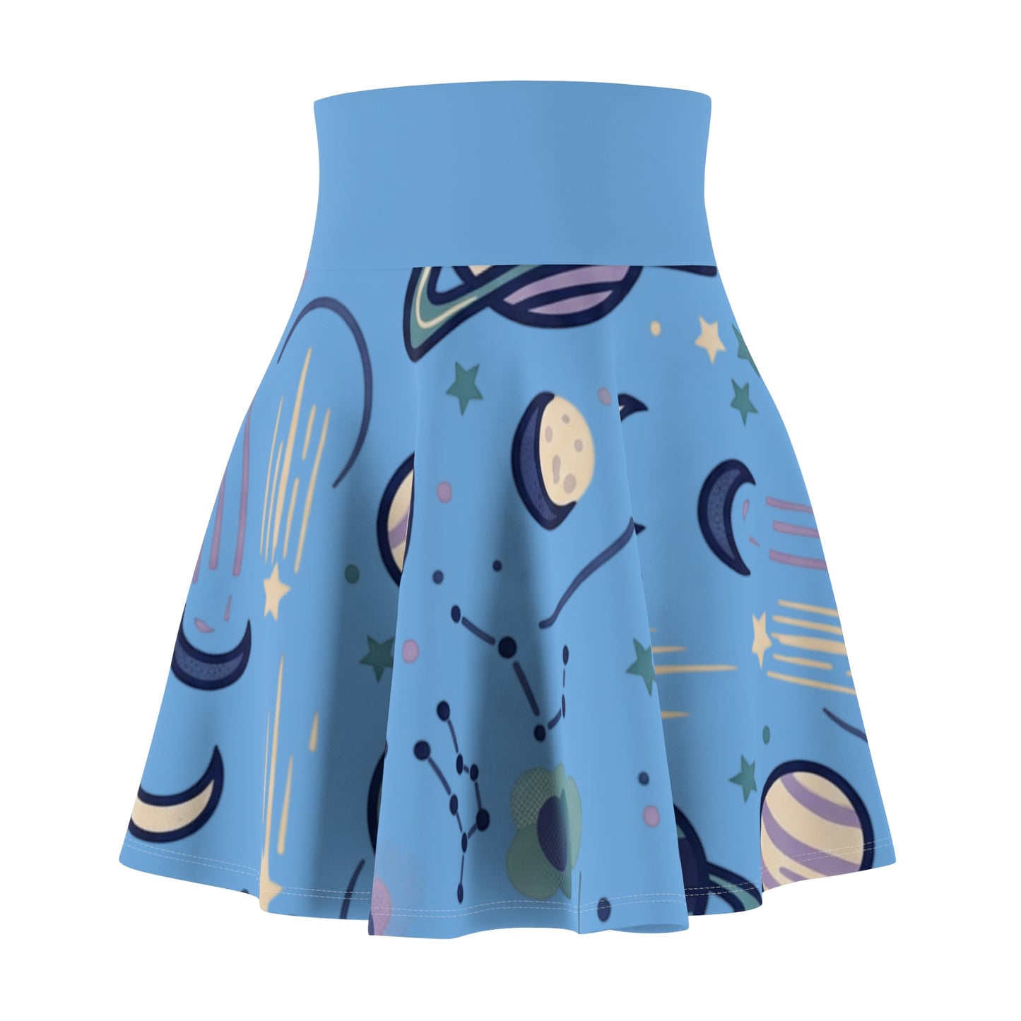 Celestial Skater Skirt – Blue Planet & Moon Print Aesthetic Skirt | Women’s Flowy Cosmic Skirt