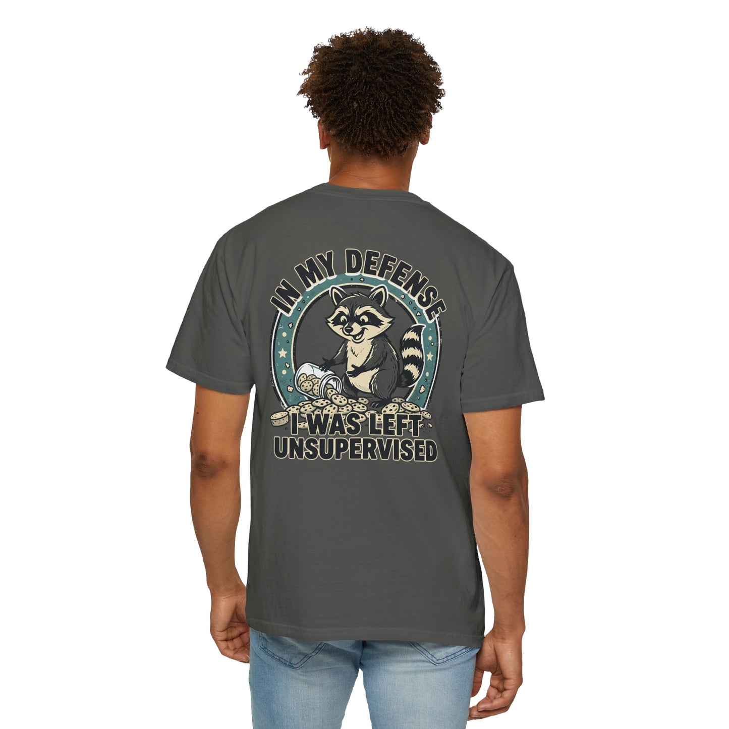Funny Raccoon T-Shirt – “In My Defense I Was Left Unsupervised” Graphic Tee | Cute Chaos Humor Shirt