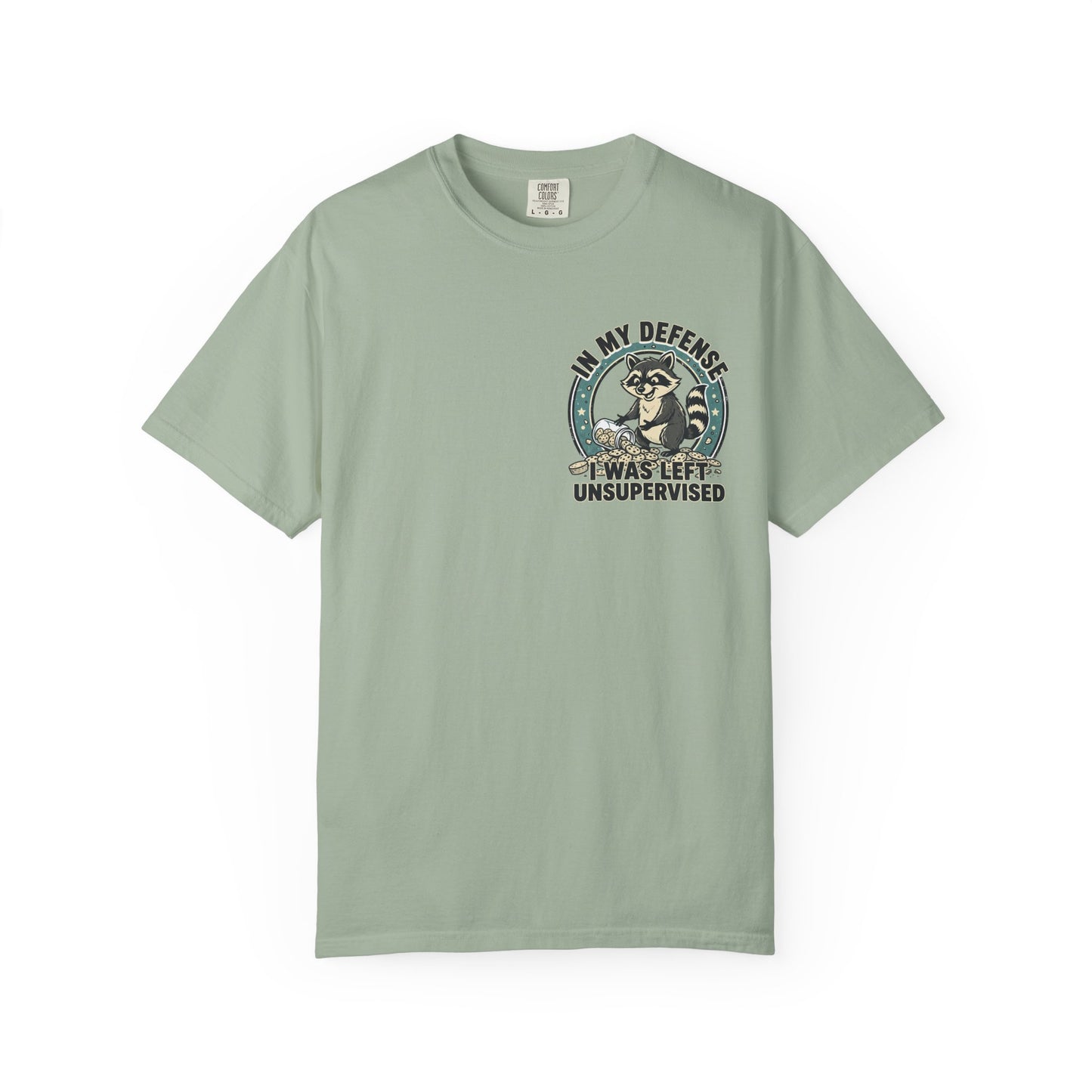 Funny Raccoon T-Shirt – “In My Defense I Was Left Unsupervised” Graphic Tee | Cute Chaos Humor Shirt