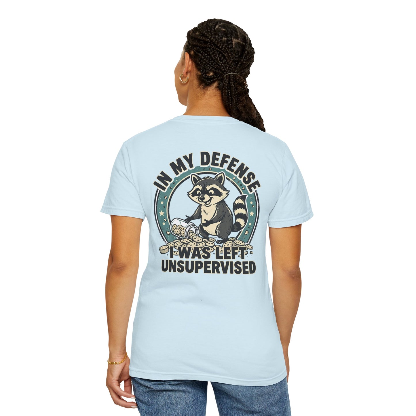 Funny Raccoon T-Shirt – “In My Defense I Was Left Unsupervised” Graphic Tee | Cute Chaos Humor Shirt