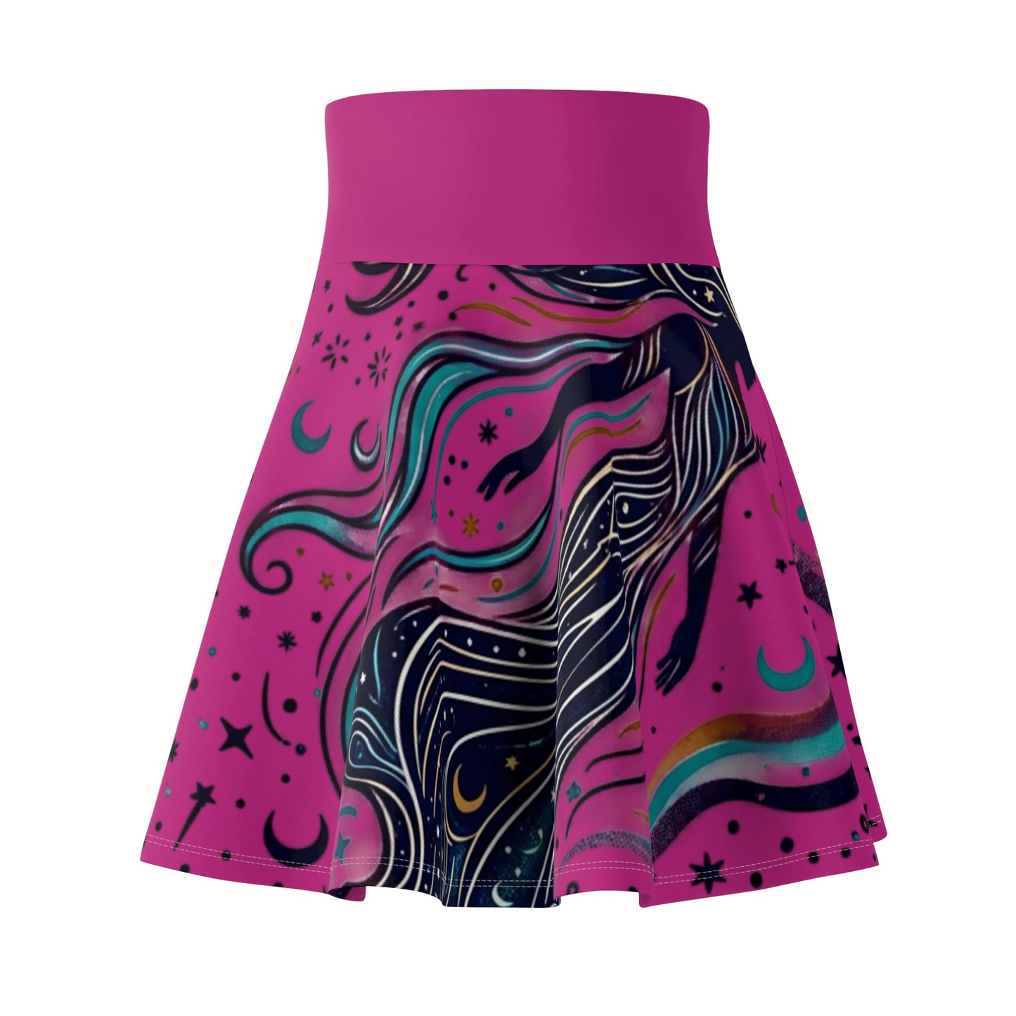 Celestial Waves Skater Skirt – Blue Moon & Star Print Aesthetic Skirt | Women’s Flowy Cosmic Skirt