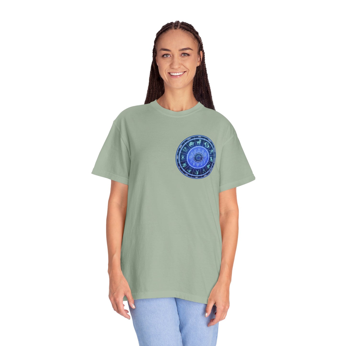 Zodiac Wheel T-Shirt – Blue Astrology Sign Graphic Tee | Celestial Mandala Star Sign Shirt
