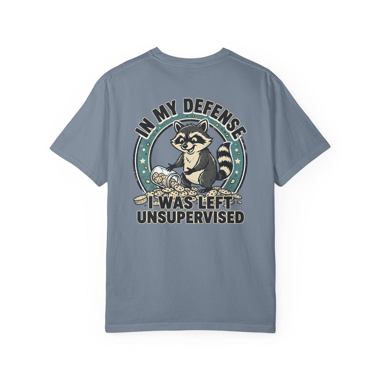 Funny Raccoon T-Shirt – “In My Defense I Was Left Unsupervised” Graphic Tee | Cute Chaos Humor Shirt