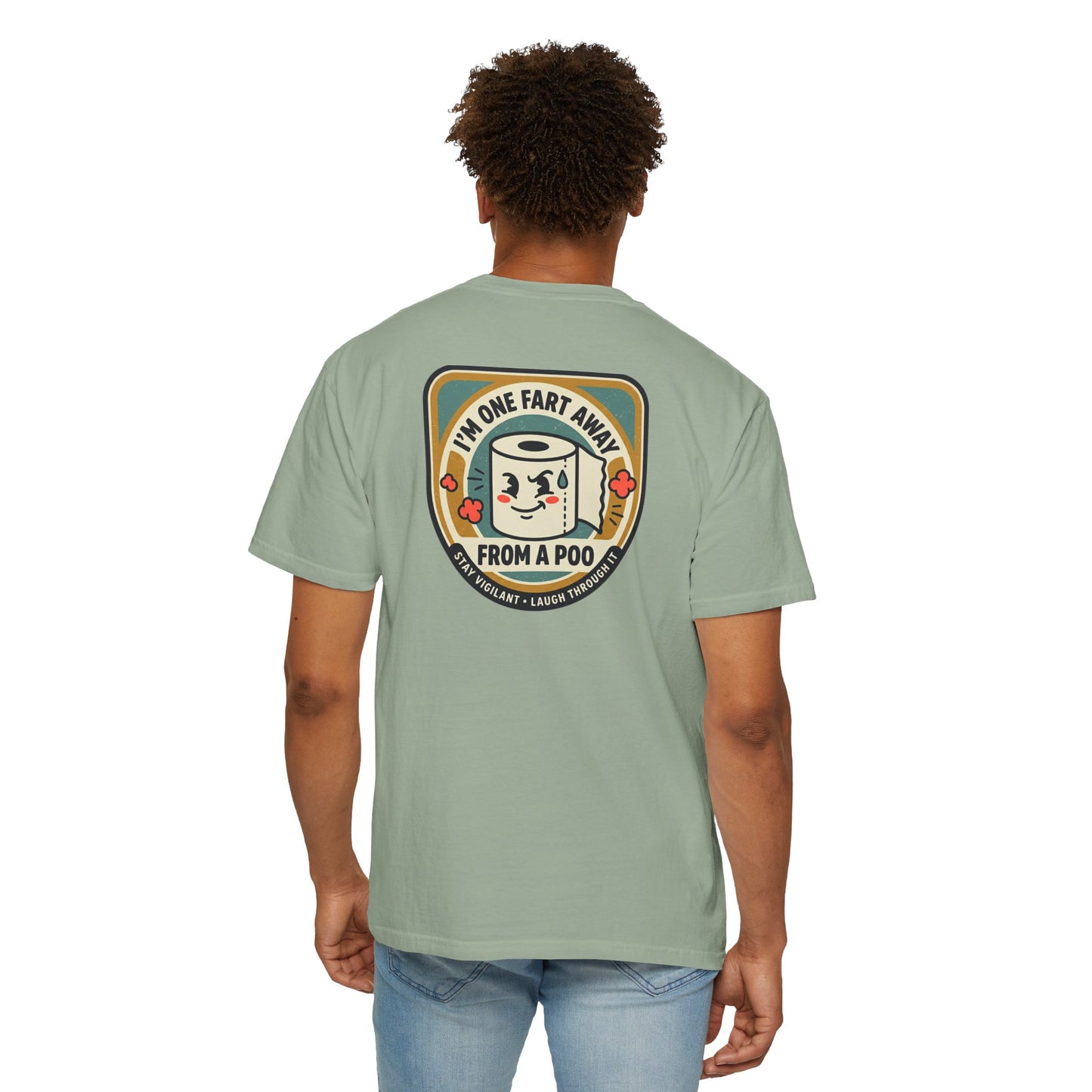 Funny Toilet Paper T-Shirt – “I’m One Fart Away From a Poo” Retro Badge Tee | Novelty Humor Shirt