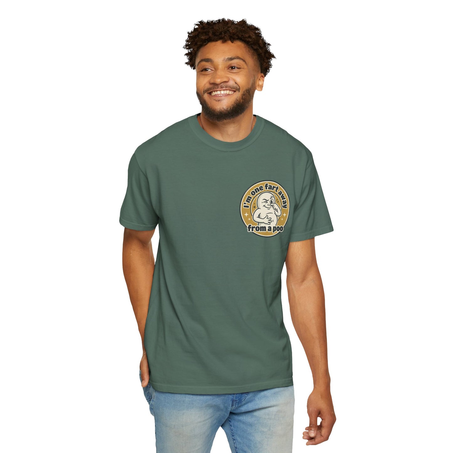 Funny Graphic T-Shirt – “I’m One Fart Away From a Poo” Retro Badge Tee | Sarcastic Humor Shirt