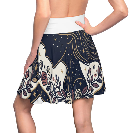 Celestial Moon & Roses Skater Skirt – Astrology Floral Aesthetic Skirt | Women’s Flowy Cosmic Skirt