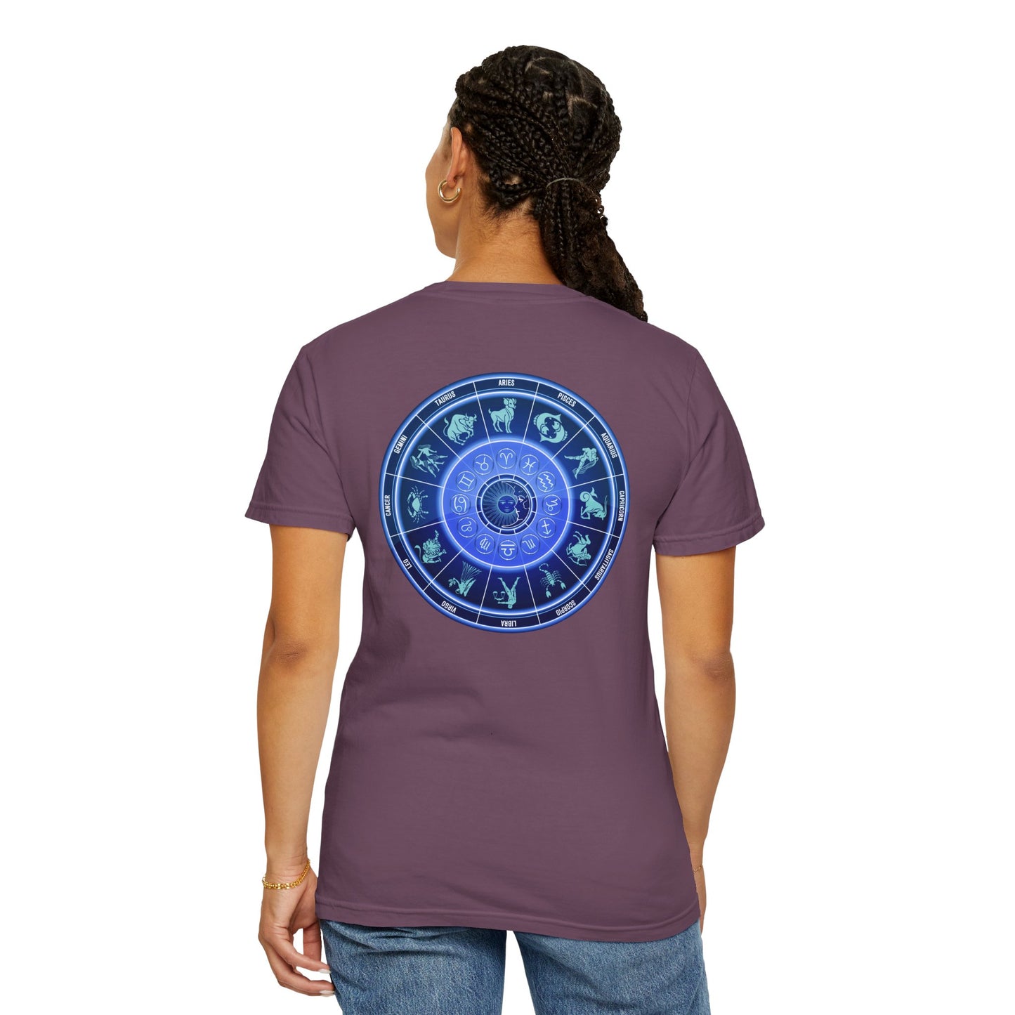 Zodiac Wheel T-Shirt – Blue Astrology Sign Graphic Tee | Celestial Mandala Star Sign Shirt