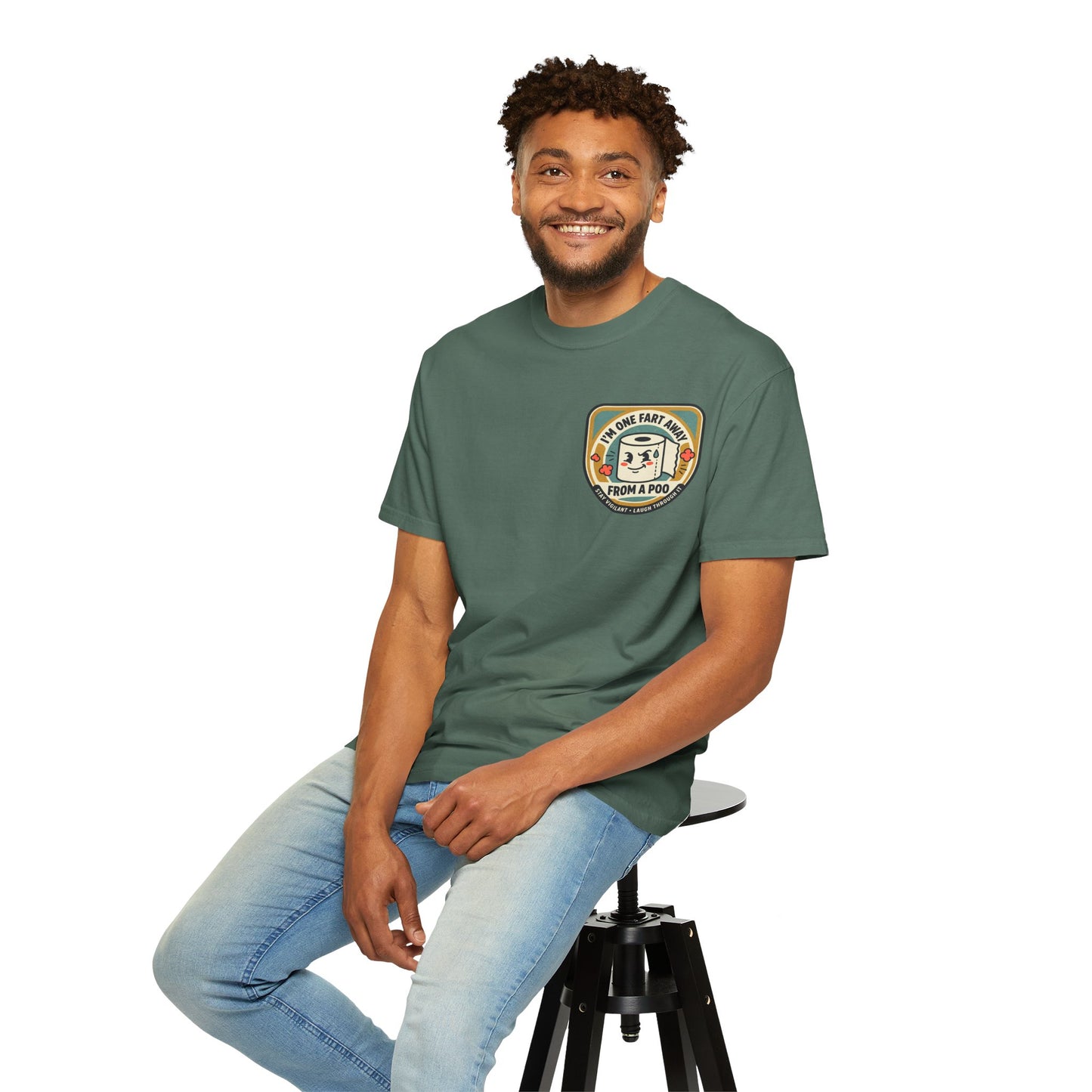 Funny Toilet Paper T-Shirt – “I’m One Fart Away From a Poo” Retro Badge Tee | Novelty Humor Shirt