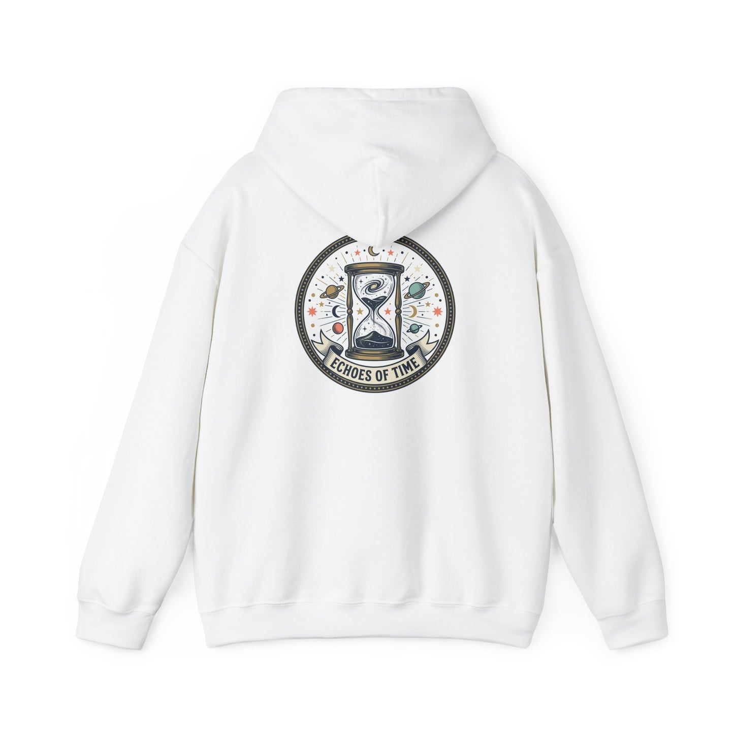 Hourglass Echoes Hoodie – “Echoes of Time” Vintage Celestial Graphic Sweatshirt | Minimal Cosmic Streetwear