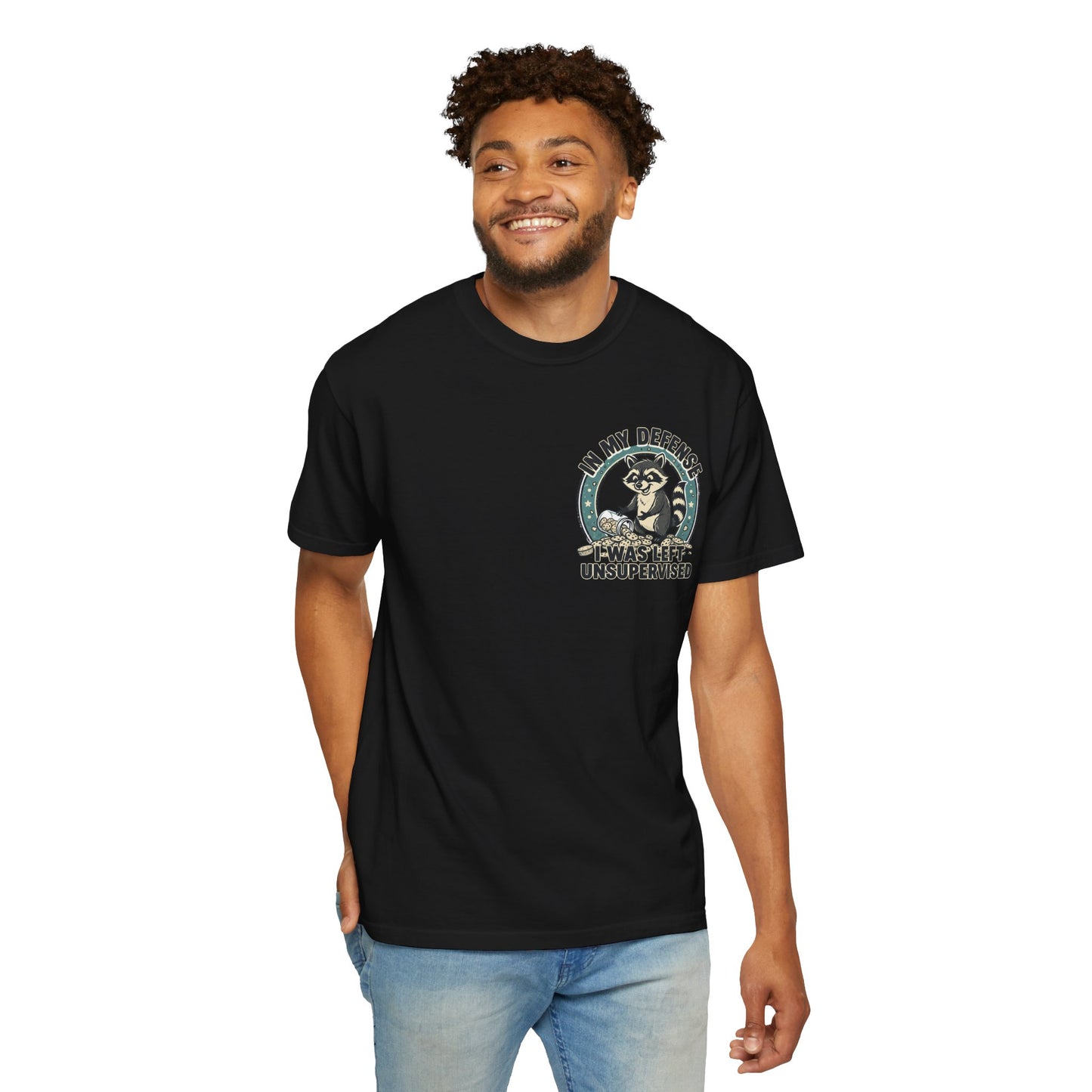 Funny Raccoon T-Shirt – “In My Defense I Was Left Unsupervised” Graphic Tee | Cute Chaos Humor Shirt
