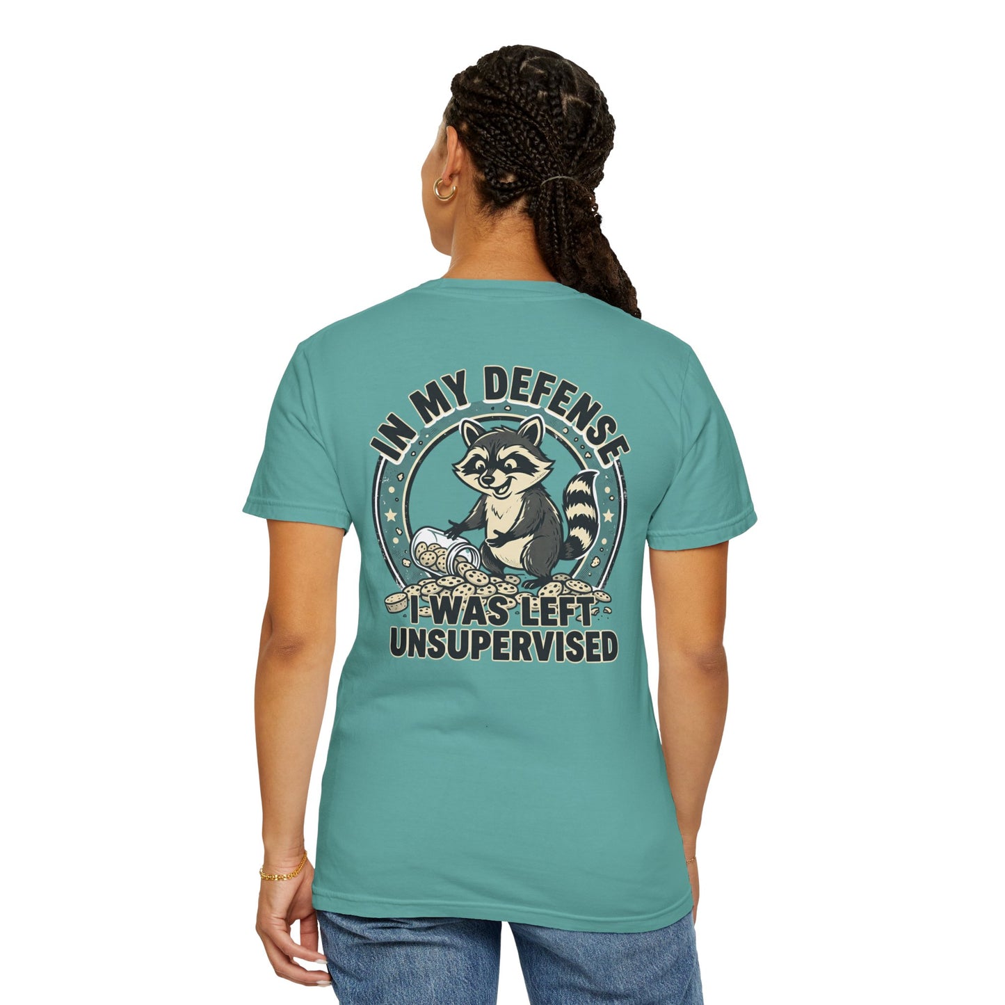 Funny Raccoon T-Shirt – “In My Defense I Was Left Unsupervised” Graphic Tee | Cute Chaos Humor Shirt
