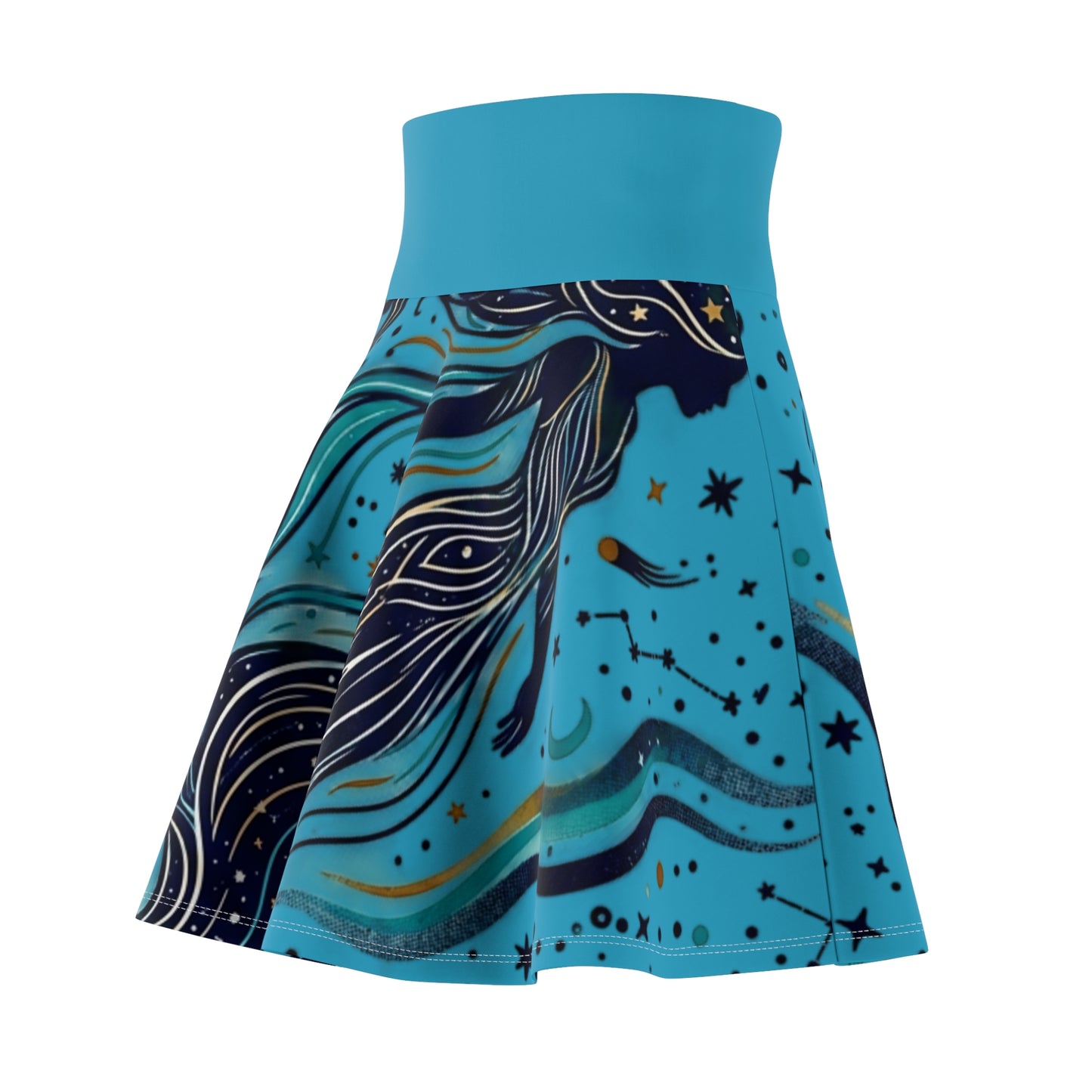 Celestial Waves Skater Skirt – Blue Moon & Star Print Aesthetic Skirt | Women’s Flowy Cosmic Skirt