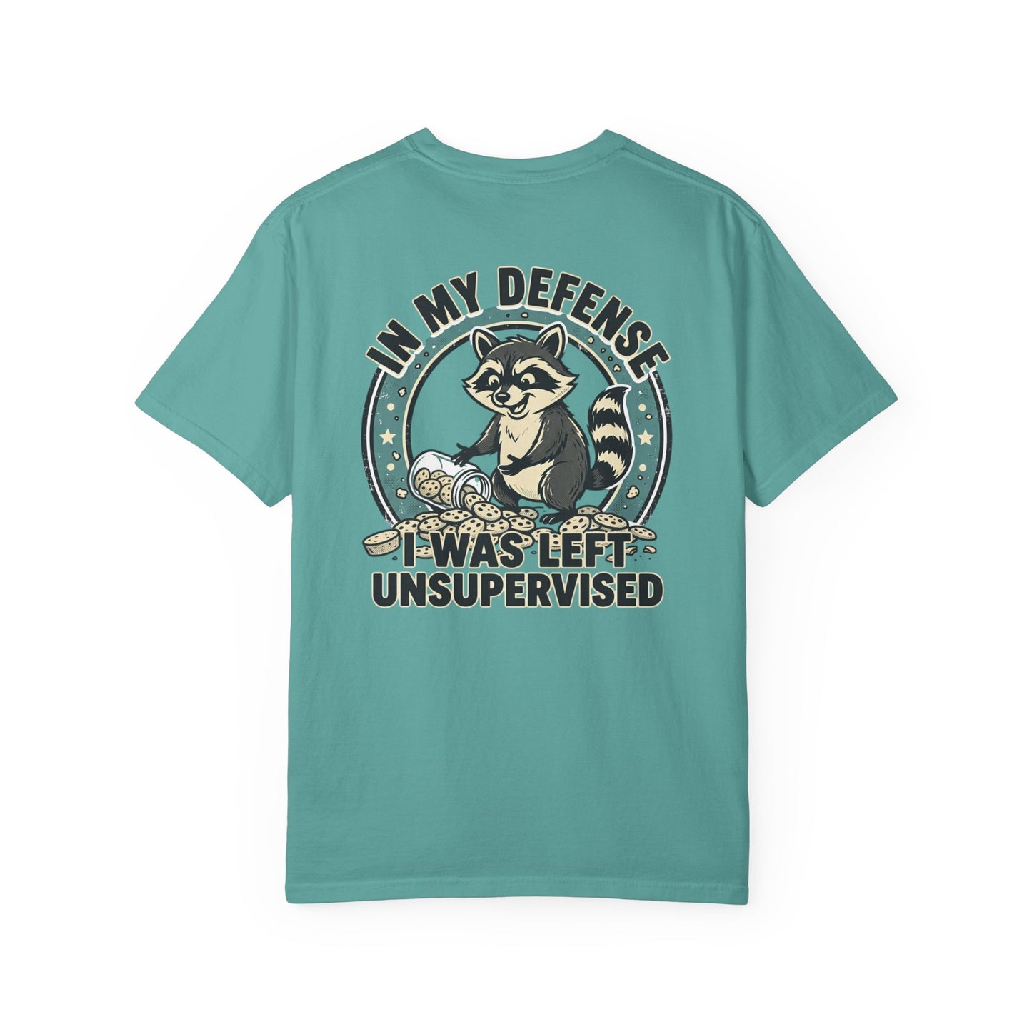 Funny Raccoon T-Shirt – “In My Defense I Was Left Unsupervised” Graphic Tee | Cute Chaos Humor Shirt