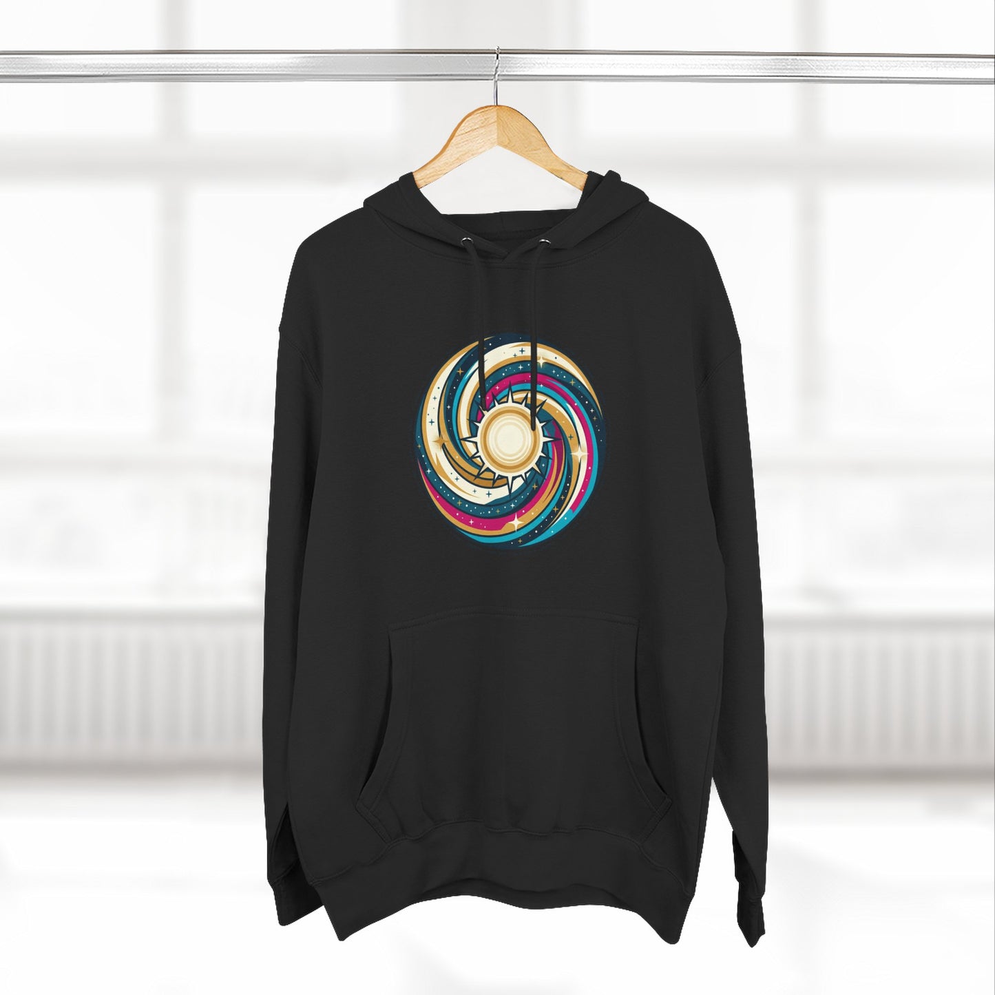 Swirl Sun Hoodie – Cosmic Spiral Sun Graphic Hoodie | Psychedelic Space Aesthetic, Celestial Streetwear, Unisex Hoodie