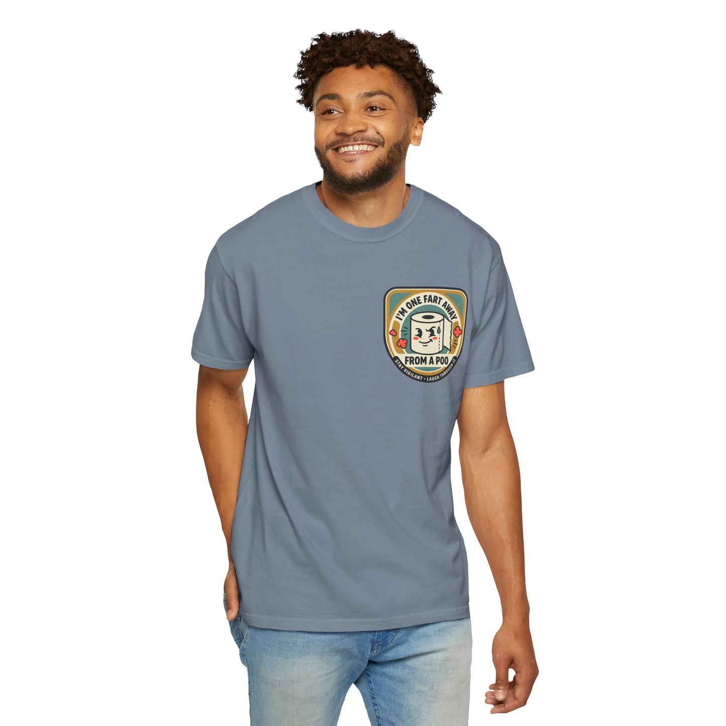 Funny Toilet Paper T-Shirt – “I’m One Fart Away From a Poo” Retro Badge Tee | Novelty Humor Shirt