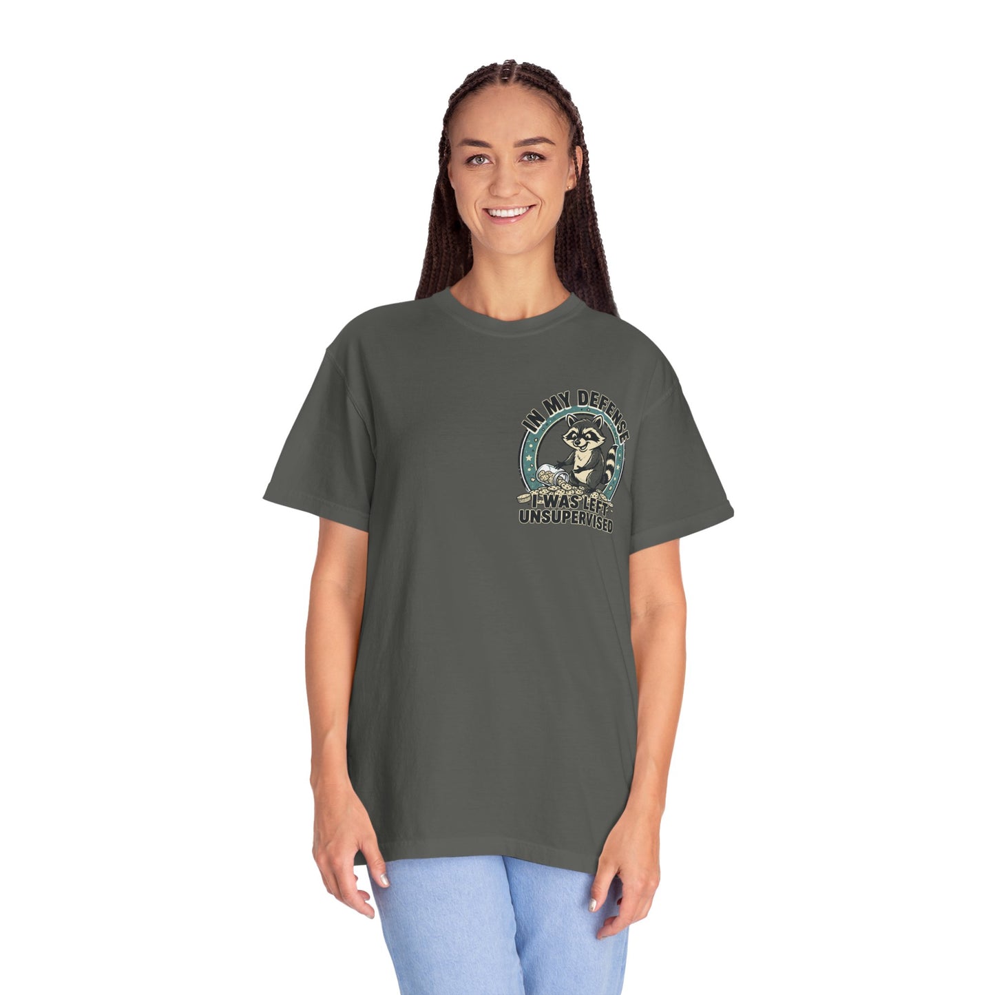 Funny Raccoon T-Shirt – “In My Defense I Was Left Unsupervised” Graphic Tee | Cute Chaos Humor Shirt