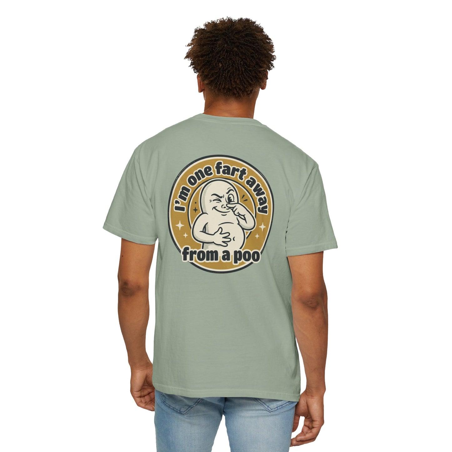 Funny Graphic T-Shirt – “I’m One Fart Away From a Poo” Retro Badge Tee | Sarcastic Humor Shirt