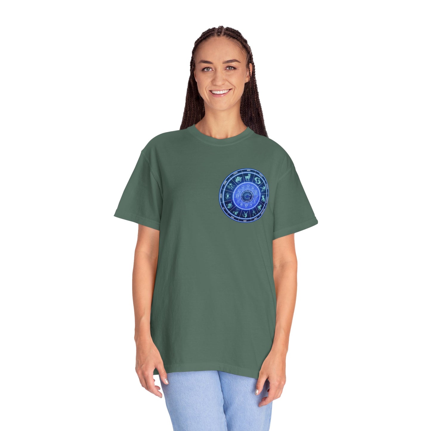 Zodiac Wheel T-Shirt – Blue Astrology Sign Graphic Tee | Celestial Mandala Star Sign Shirt