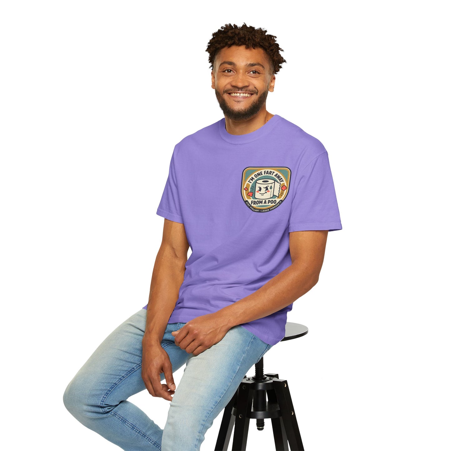 Funny Toilet Paper T-Shirt – “I’m One Fart Away From a Poo” Retro Badge Tee | Novelty Humor Shirt