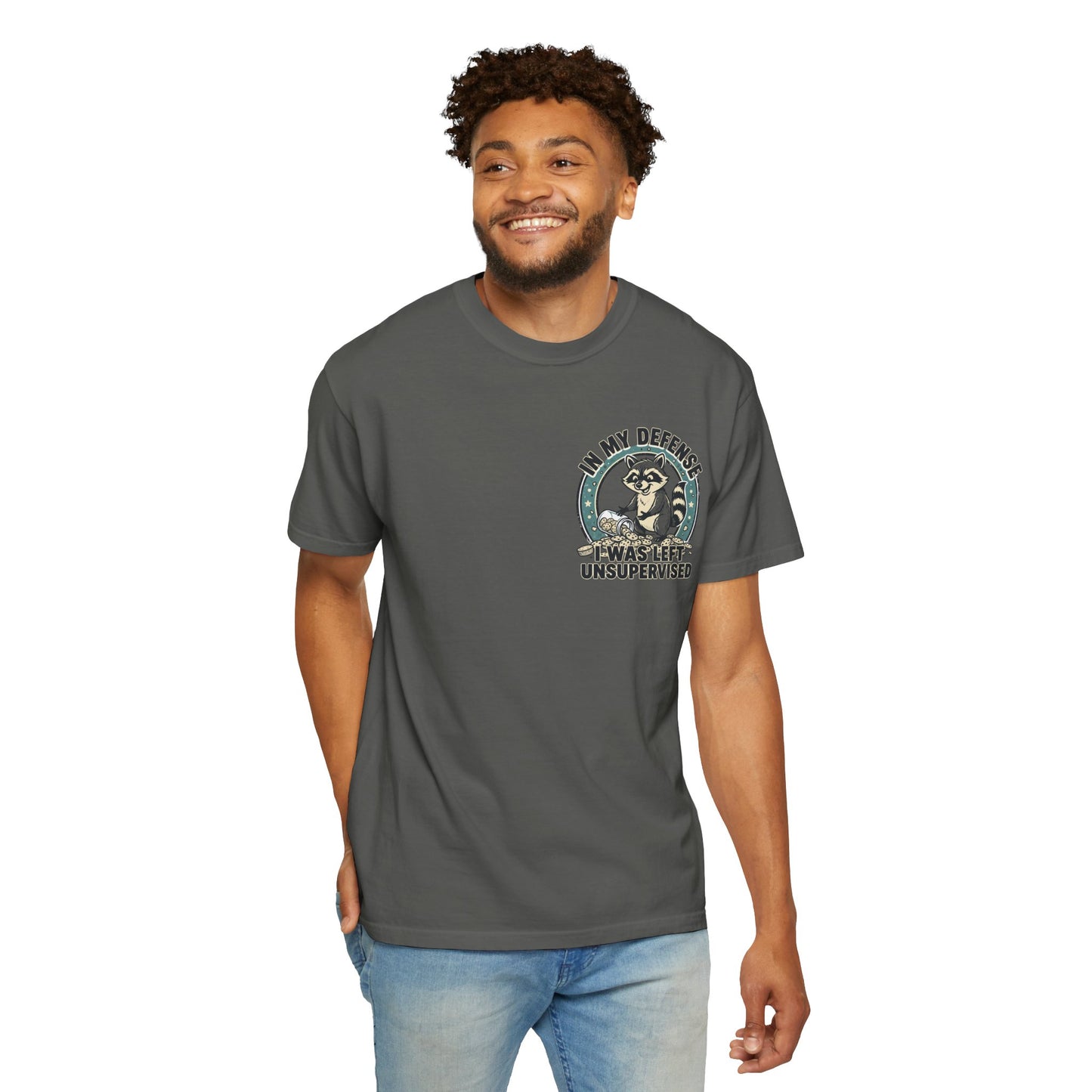 Funny Raccoon T-Shirt – “In My Defense I Was Left Unsupervised” Graphic Tee | Cute Chaos Humor Shirt