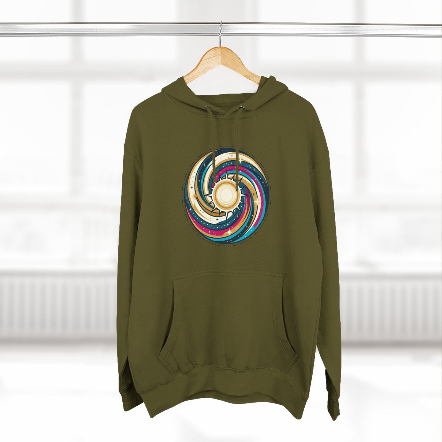 Swirl Sun Hoodie – Cosmic Spiral Sun Graphic Hoodie | Psychedelic Space Aesthetic, Celestial Streetwear, Unisex Hoodie